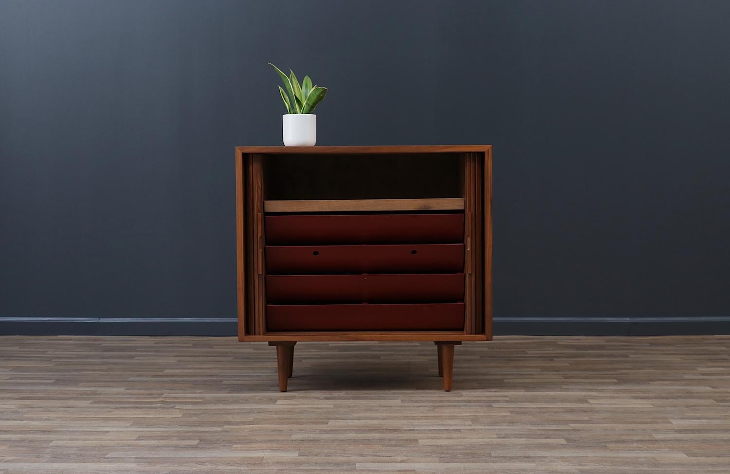 Mid-Century Modern Expertly Restored - Milo Baughman Tambour-Door Walnut Cabinet Colored Drawers For Sale