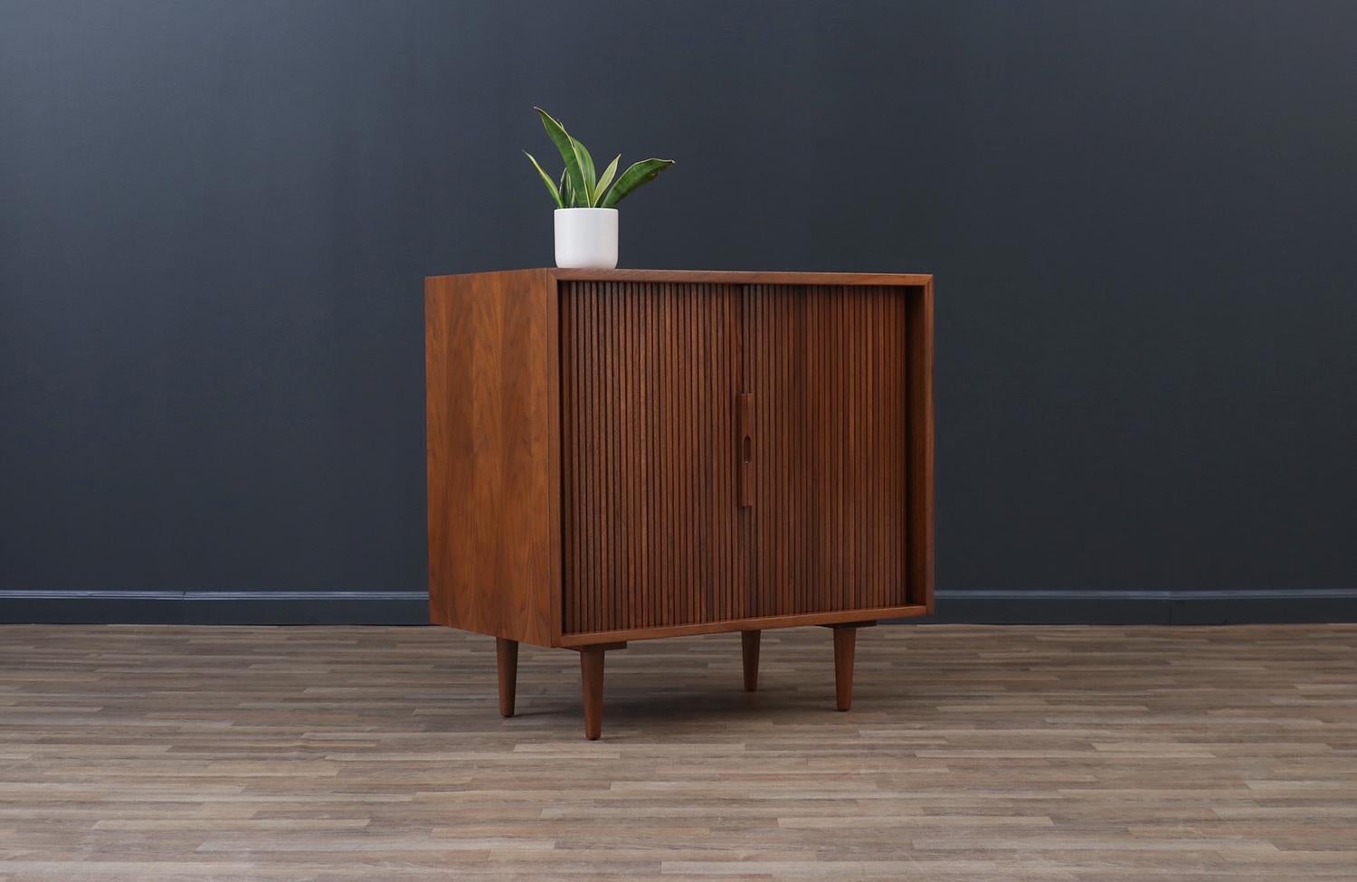 American Expertly Restored - Milo Baughman Tambour-Door Walnut Cabinet Colored Drawers For Sale
