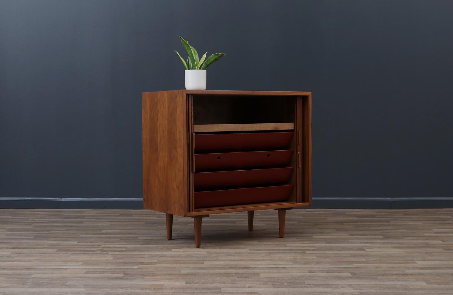 Expertly Restored - Milo Baughman Tambour-Door Walnut Cabinet Colored Drawers In Excellent Condition For Sale In Los Angeles, CA