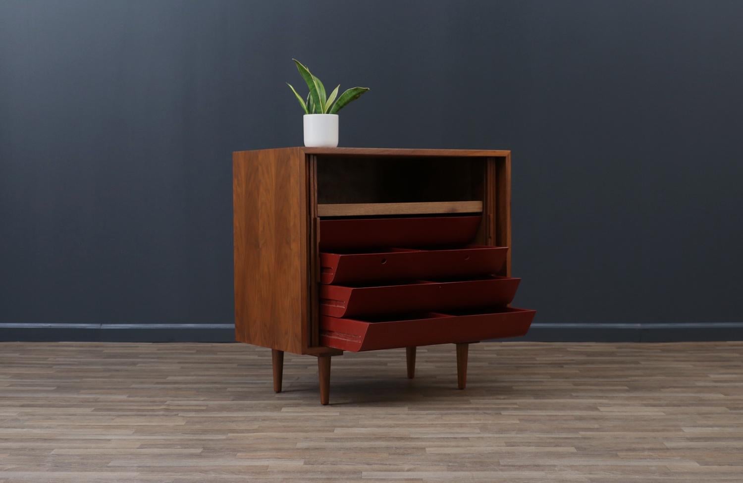Mid-20th Century Expertly Restored - Milo Baughman Tambour-Door Walnut Cabinet Colored Drawers