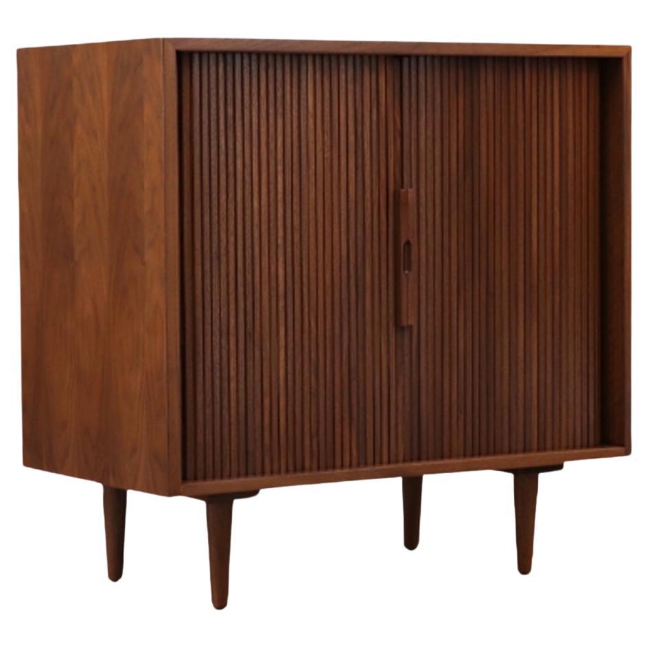 Expertly Restored - Milo Baughman Tambour-Door Walnut Cabinet Colored Drawers For Sale
