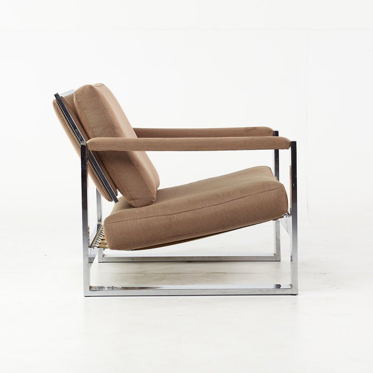 Upholstery Milo Baughman Tank Chrome Flat Bar Lounge Chair For Sale