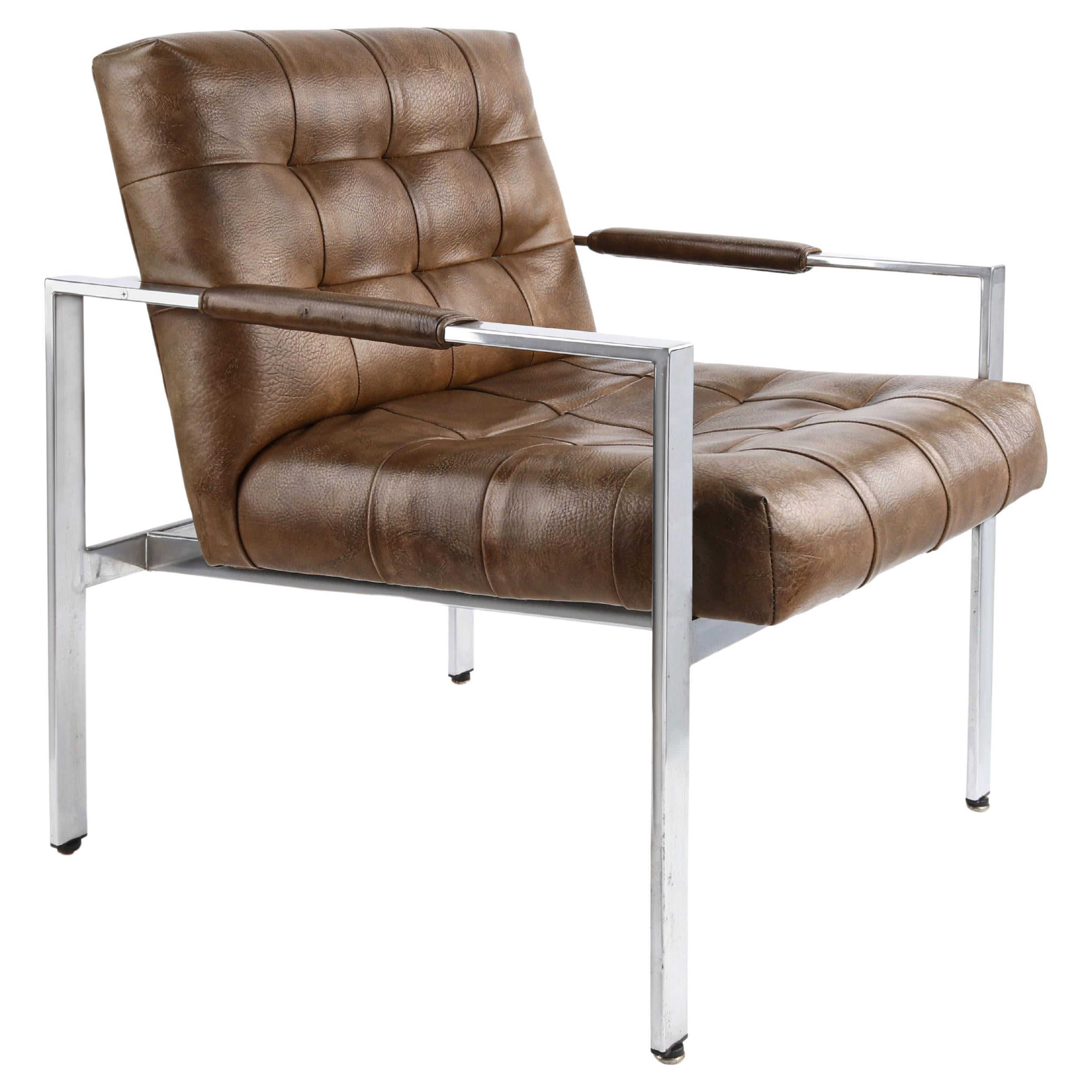 Milo Baughman Thayer Coggin 1969 Chrome Upholstered Tank Lounge Cantilever Chair For Sale