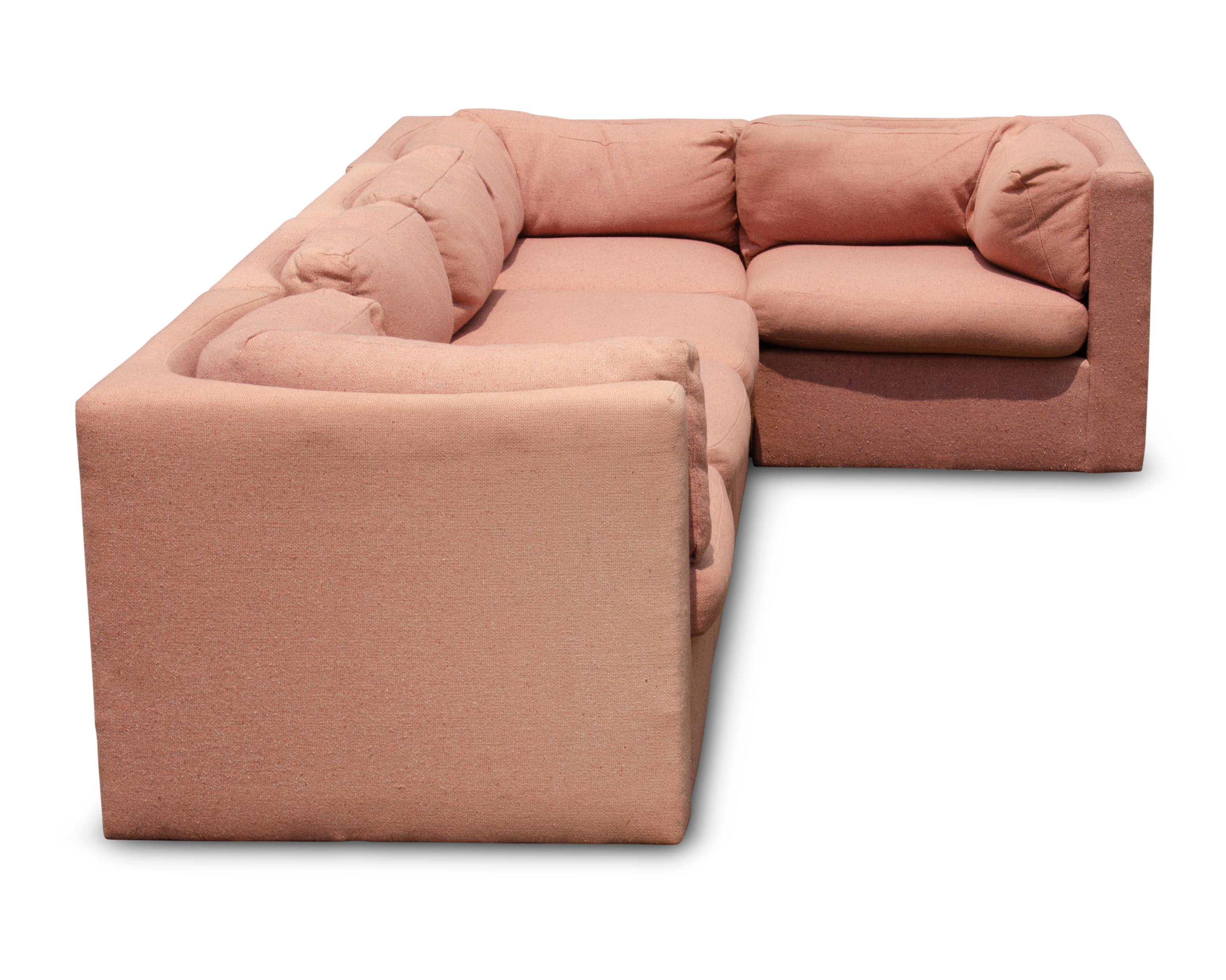 A five piece sectional or modular sofa designed by Milo Baughman for Thayer Coggin. This difficult to find version features flat outside seat backs and curved or contoured seats. 

Dimensions given are for the first image with the sectional in an