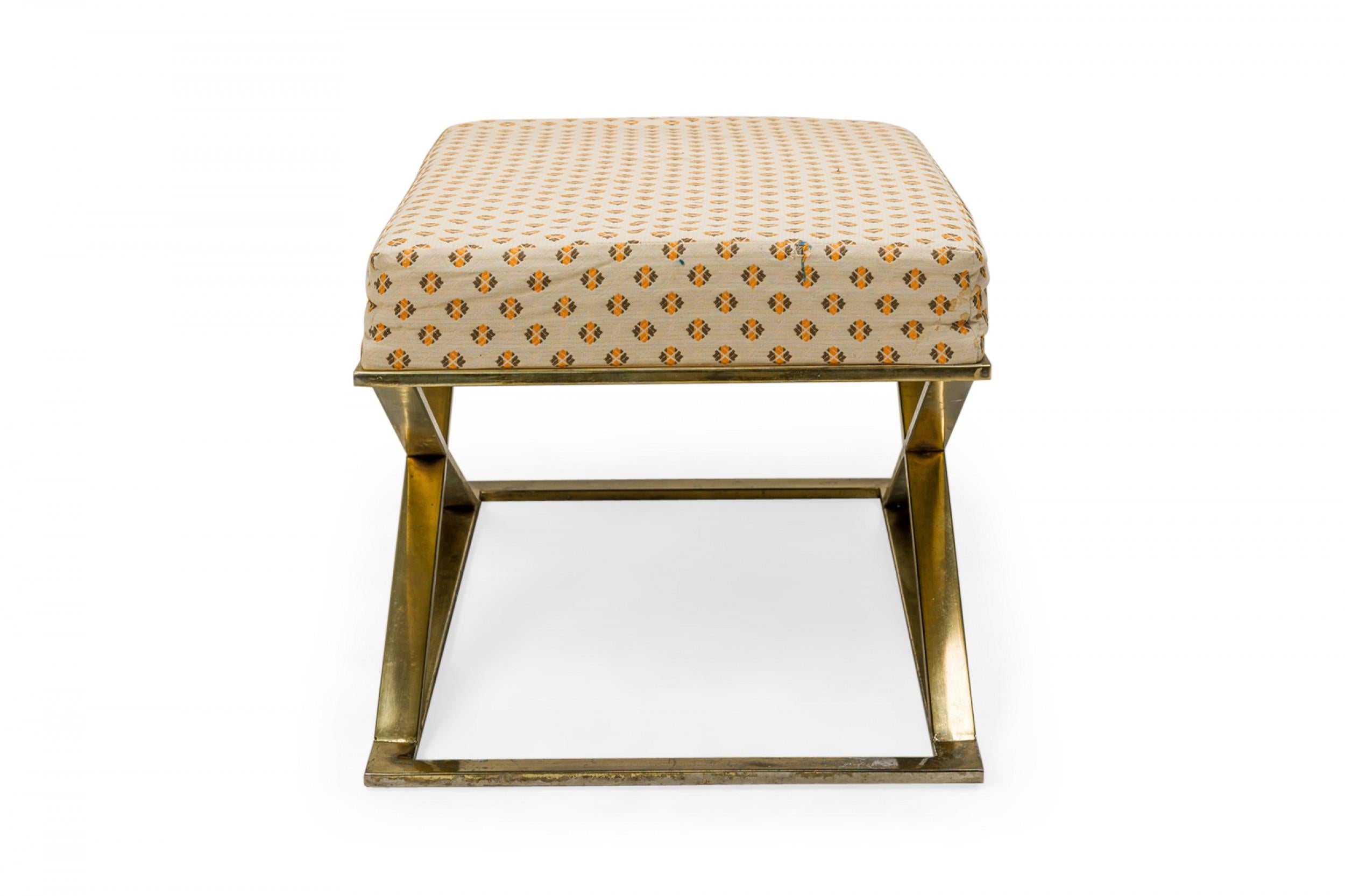 Mid-Century Modern Milo Baughman / Thayer Coggin Brass and Beige Patterned Upholstered X-Bench For Sale