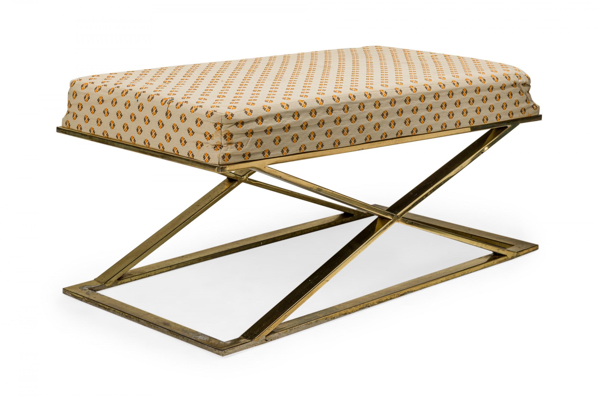 American Milo Baughman / Thayer Coggin Brass and Beige Patterned Upholstered X-Bench For Sale