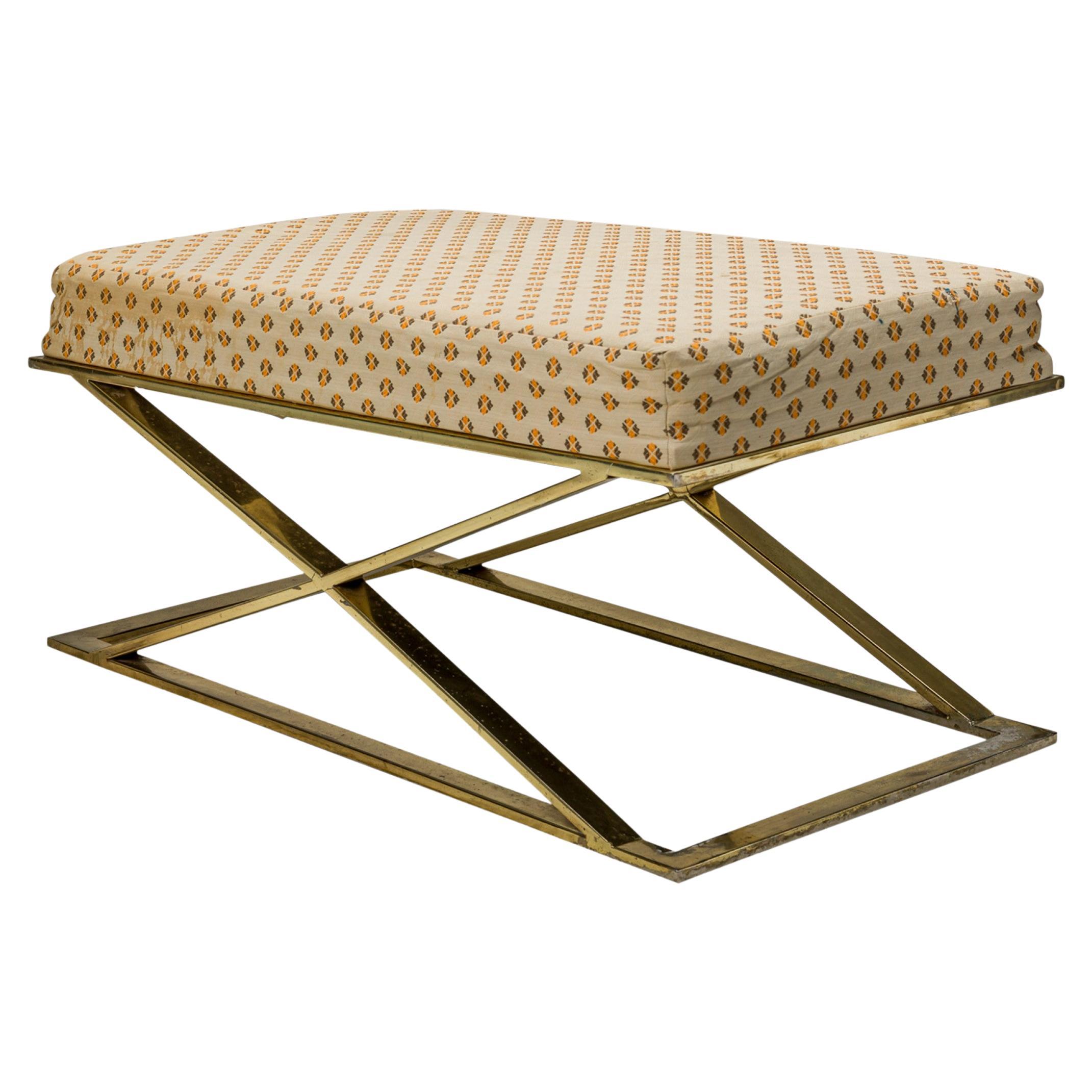 Milo Baughman / Thayer Coggin Brass and Beige Patterned Upholstered X-Bench