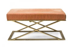 Milo Baughman / Thayer Coggin Brass and Pink Floral Upholstered X-Bench