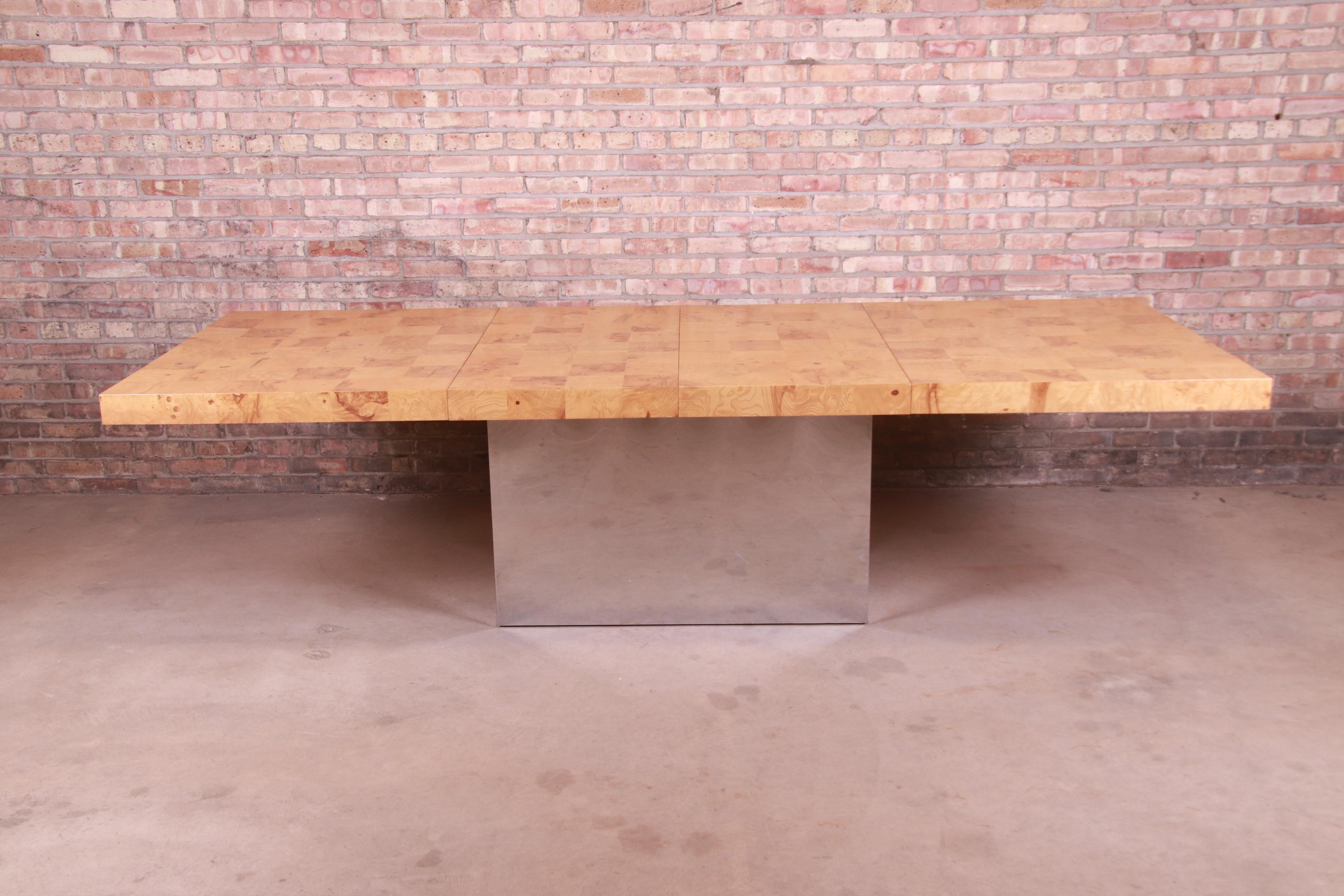 Milo Baughman Thayer Coggin Burl and Chrome Pedestal Dining Table, Refinished In Good Condition In South Bend, IN