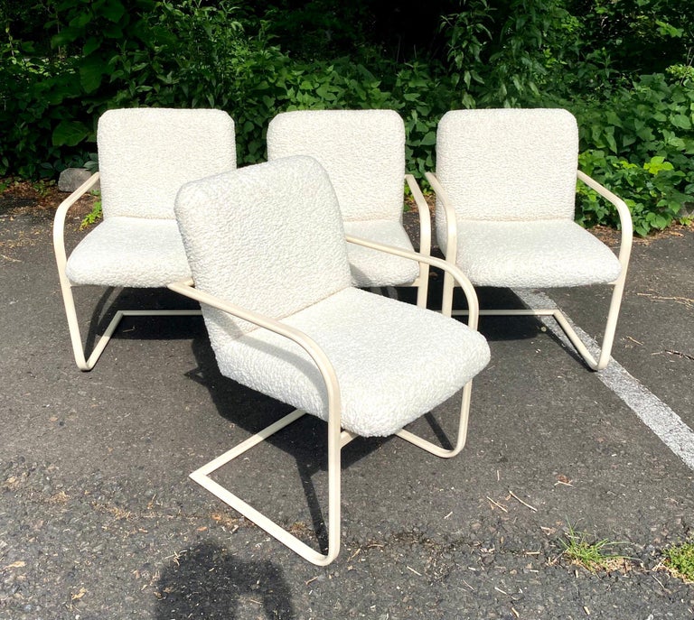 Milo Baughman Thayer Coggin Cantilever Dining Chairs Barbara Barry Boucle Fabric For Sale 3