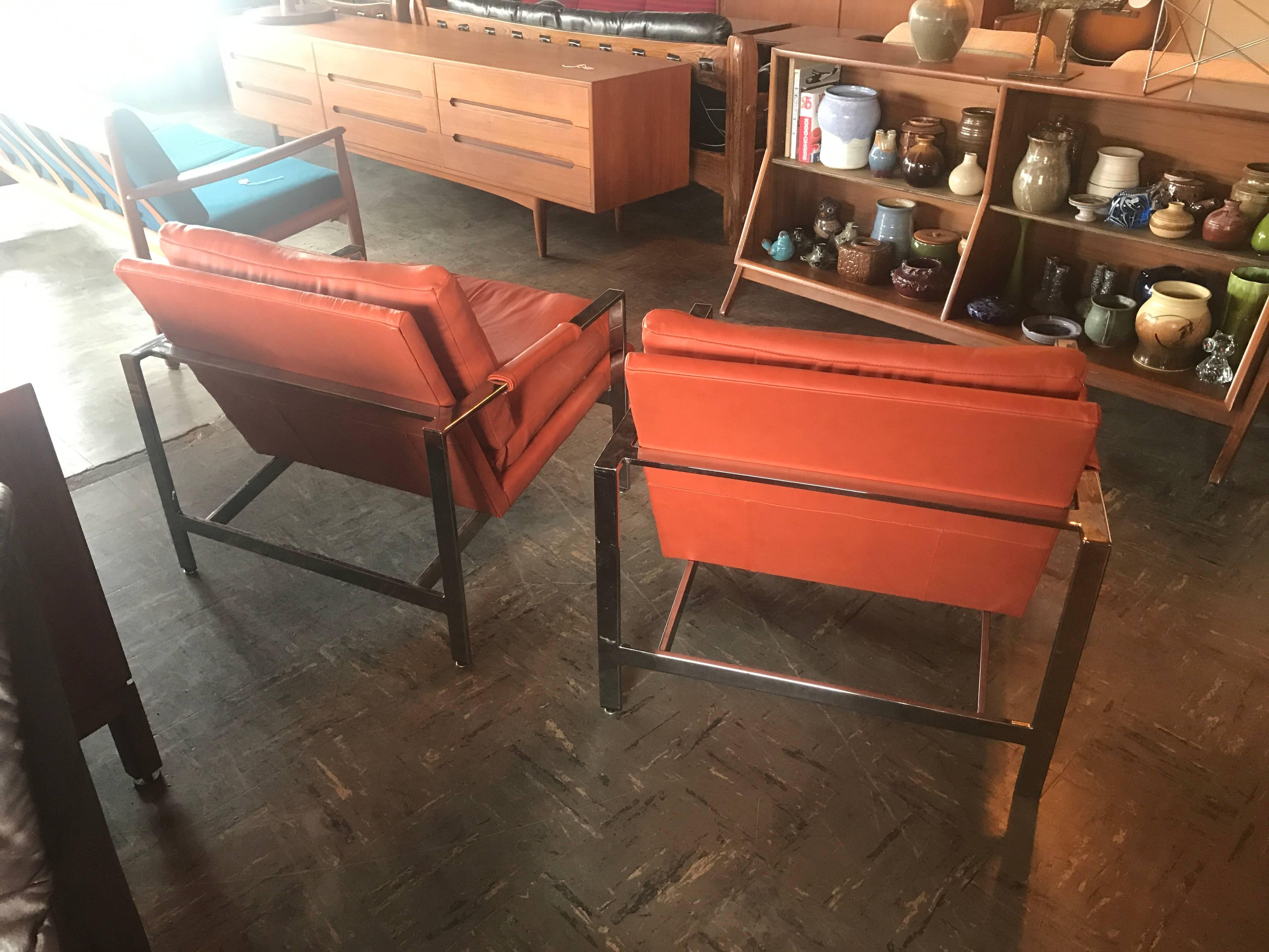 Milo Baughman Thayer Coggin Chrome Lounge Chairs in Leather In Excellent Condition In Salt Lake City, UT