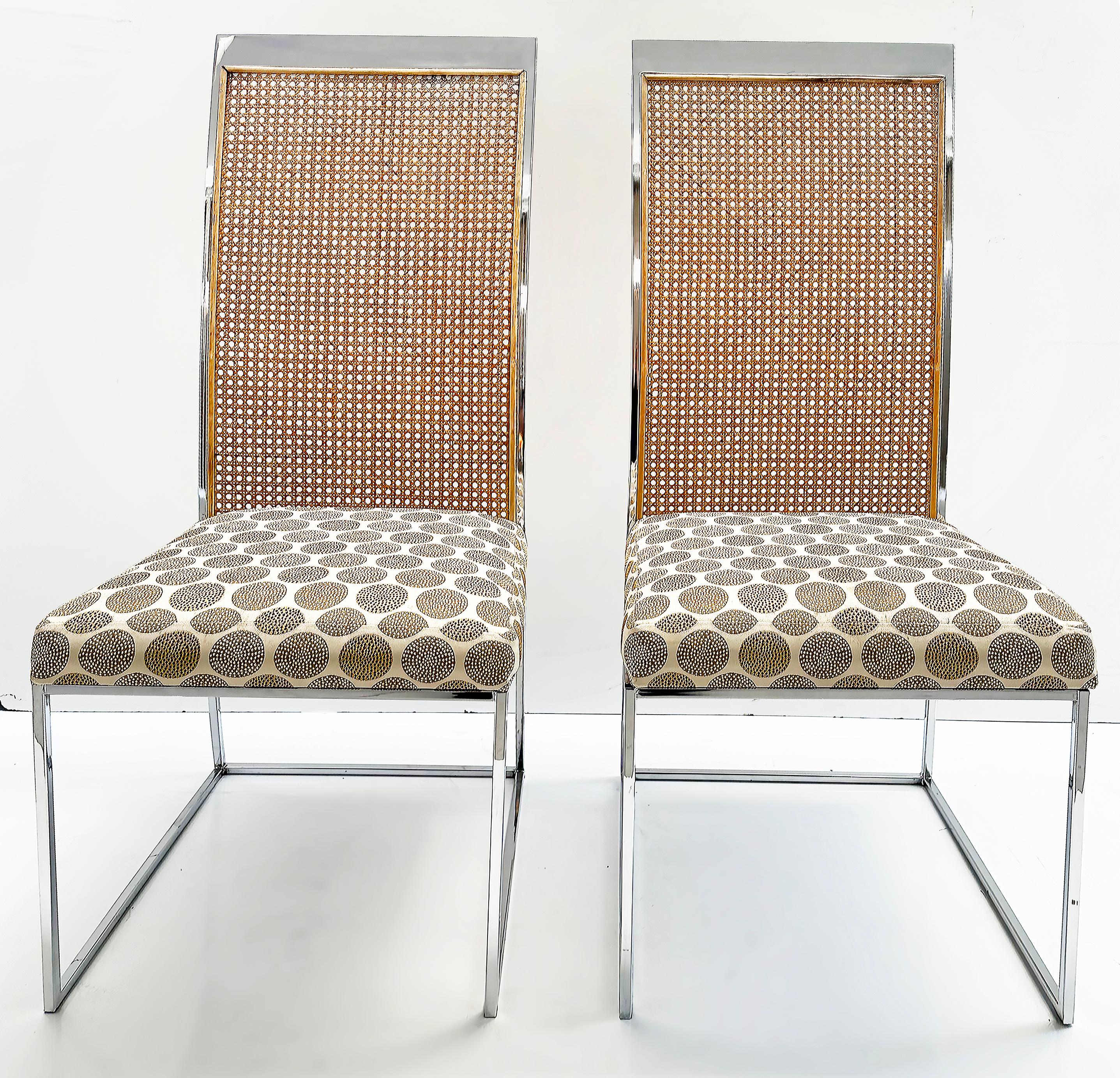  Milo Baughman Thayer Coggin Dining Chairs in Chrome and Cane -Set of 4

Offered for sale is a set of 4 Milo Baughman for Thayer Coggin chrome dining side chairs with cane backs and upholstered seats.. These substantial chairs have high backs and