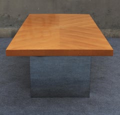 Milo Baughman Thayer Coggin Dining Table in Parquetry Oak & Chrome with 2 Leaves