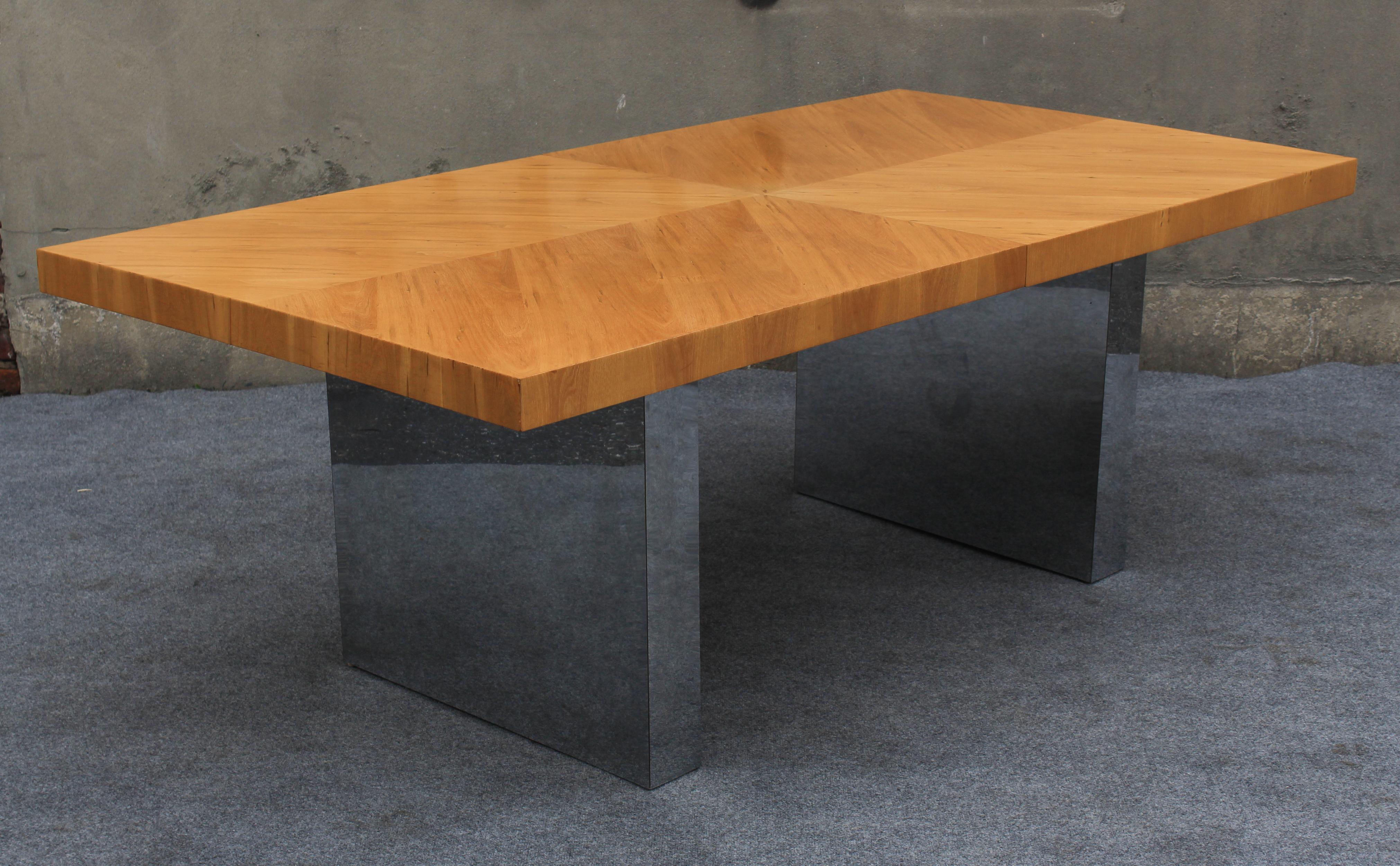 Milo Baughman Thayer Coggin Dining Table in Parquetry Oak & Chrome with 2 Leaves 2