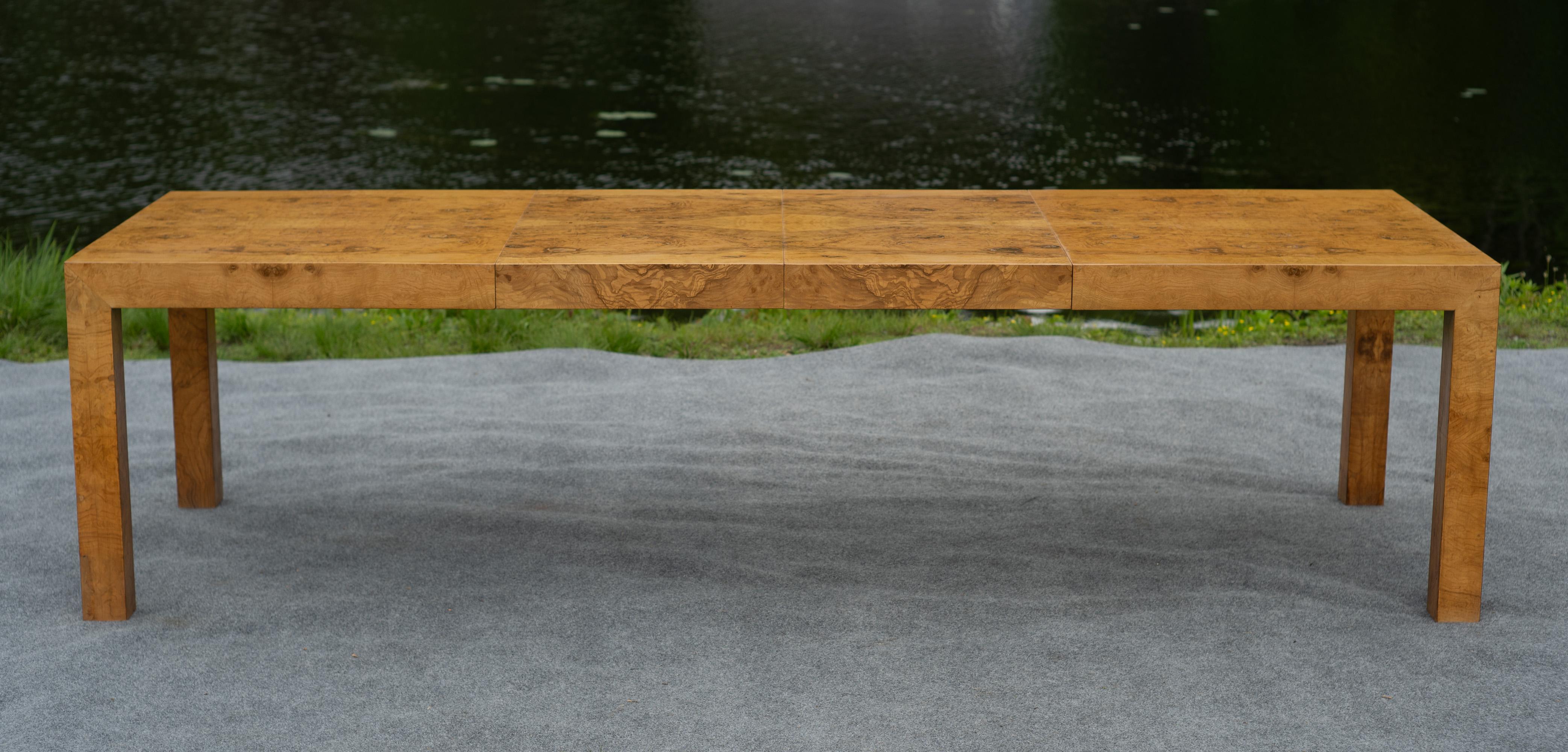 An incredible Milo Baughman for Thayer Coggin extendable dining table with gorgeous burled wood grain, and with two removable inserts. Notice the luxurious and dramatic effect of the quadrant book-matched grain, where one side is the mirror pattern