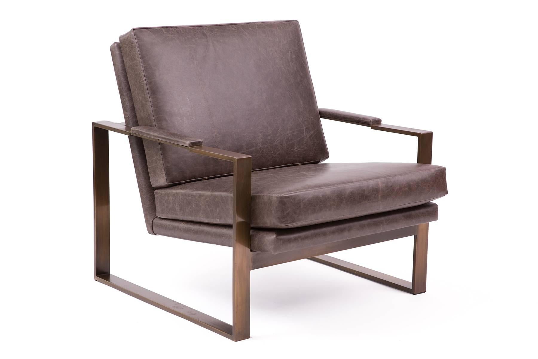 Milo Baughman for Thayer Coggin bronze and leather lounge chairs, circa early 1970s. These rare examples have patinated bronze frames and have been newly upholstered in a beautifully broken in and supple leather. Retain original label. Price listed