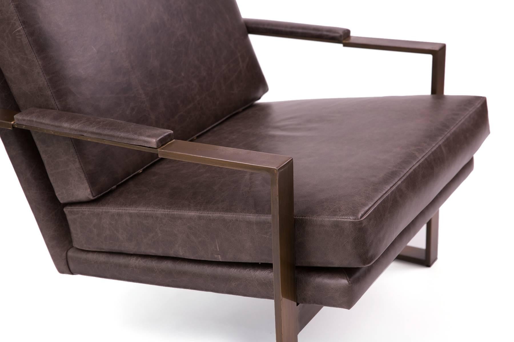 Mid-Century Modern Milo Baughman Thayer Coggin Leather and Bronze Lounge Chairs