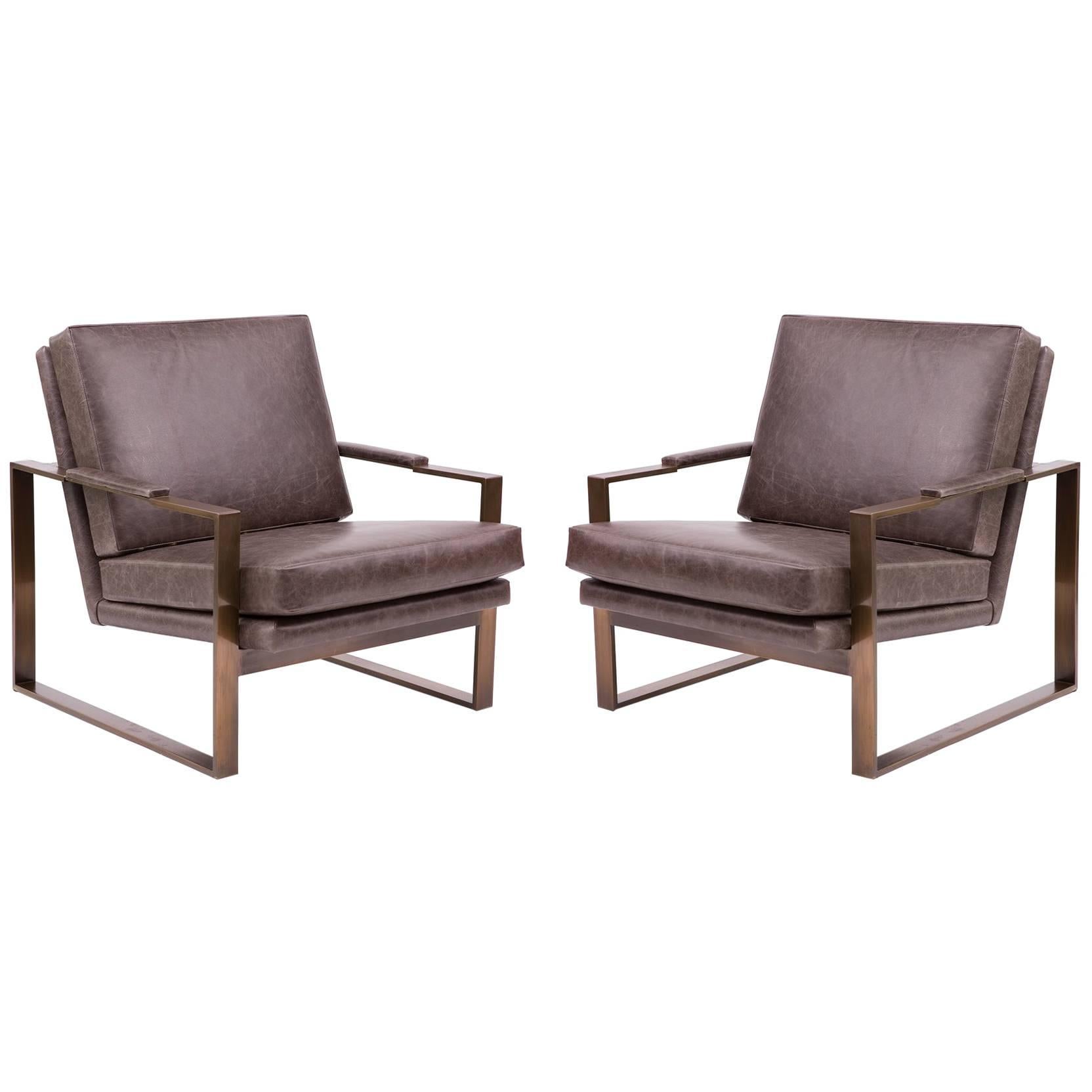 Milo Baughman Thayer Coggin Leather and Bronze Lounge Chairs