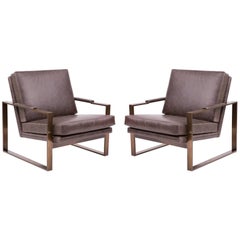 Milo Baughman Thayer Coggin Leather and Bronze Lounge Chairs