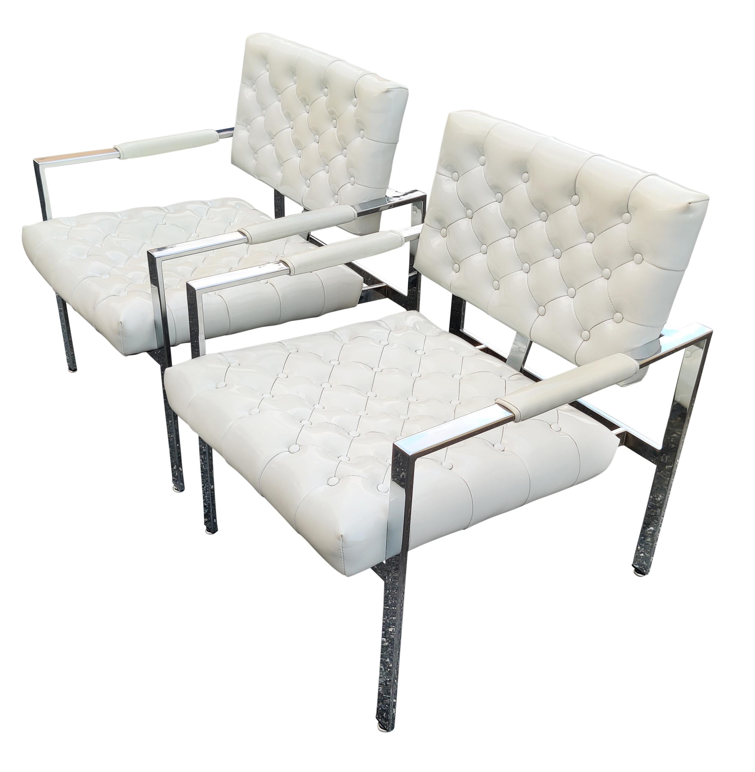 Mid-Century Modern Milo Baughman Thayer Coggin Pair Diamond Tufted Vinyl Chrome Frame Lounge Chairs For Sale