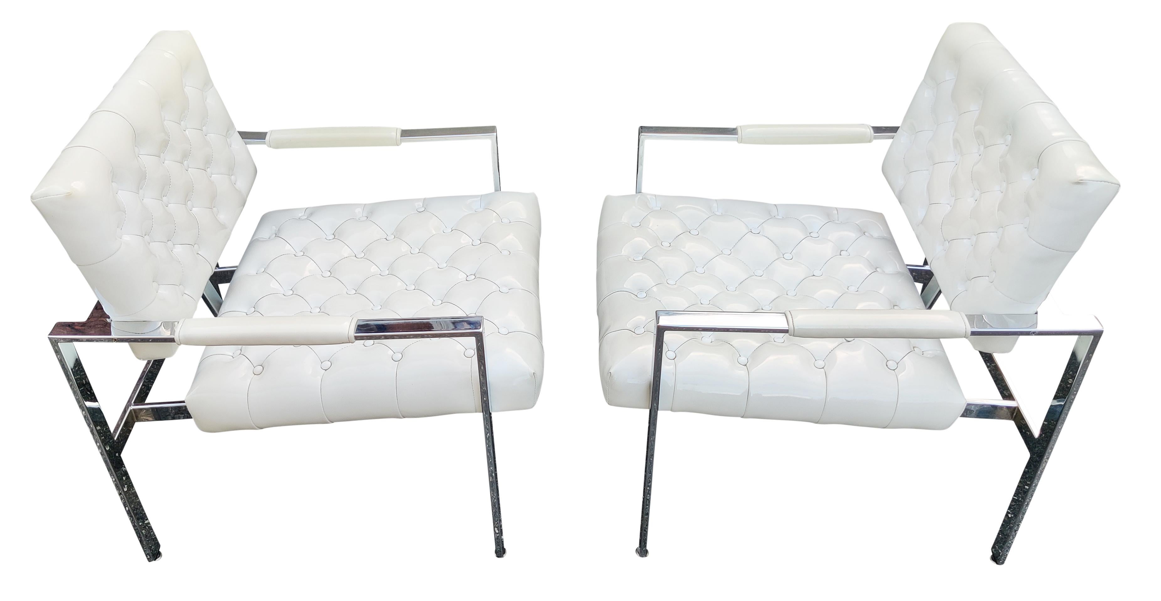 American Milo Baughman Thayer Coggin Pair Diamond Tufted Vinyl Chrome Frame Lounge Chairs For Sale