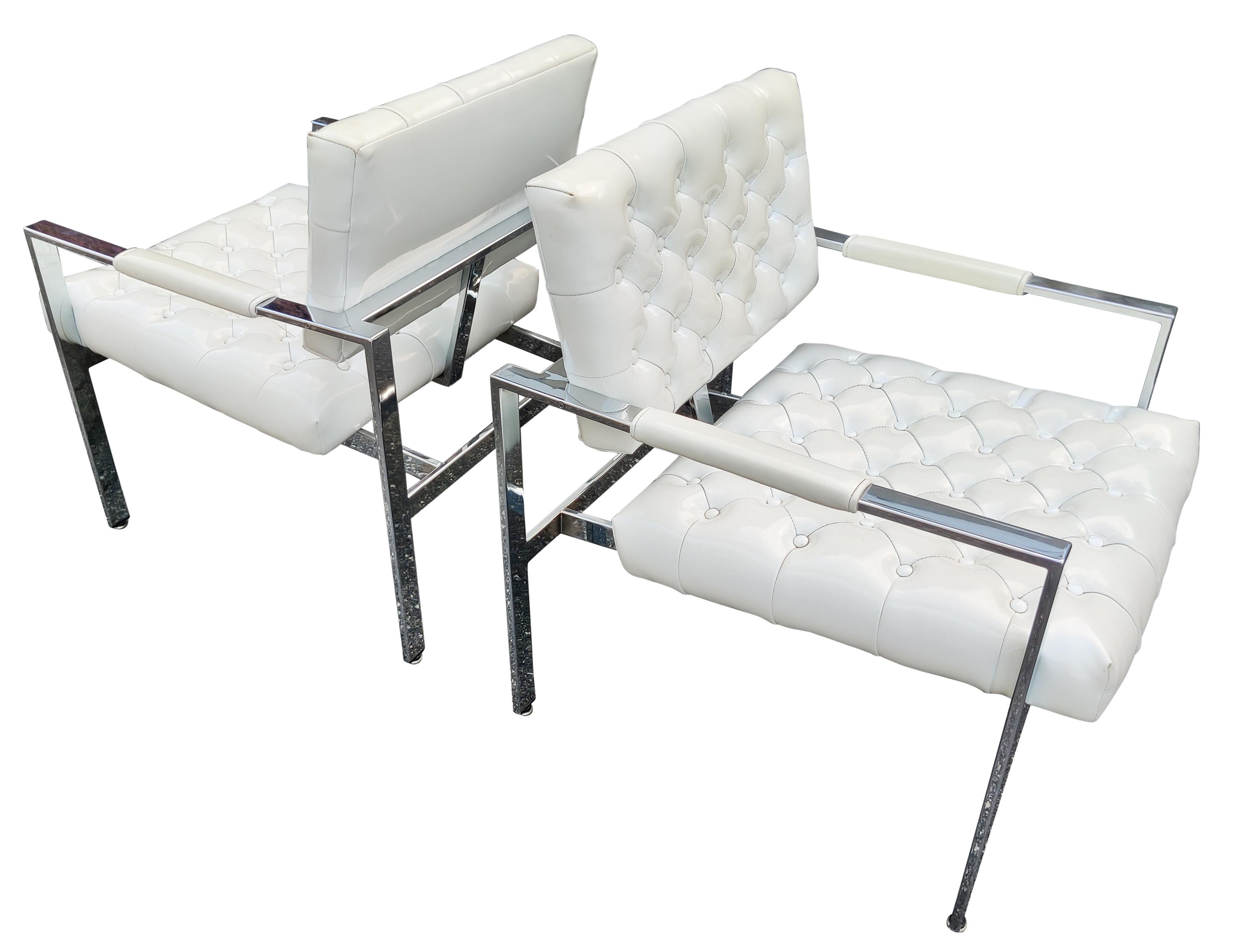 Late 20th Century Milo Baughman Thayer Coggin Pair Diamond Tufted Vinyl Chrome Frame Lounge Chairs For Sale