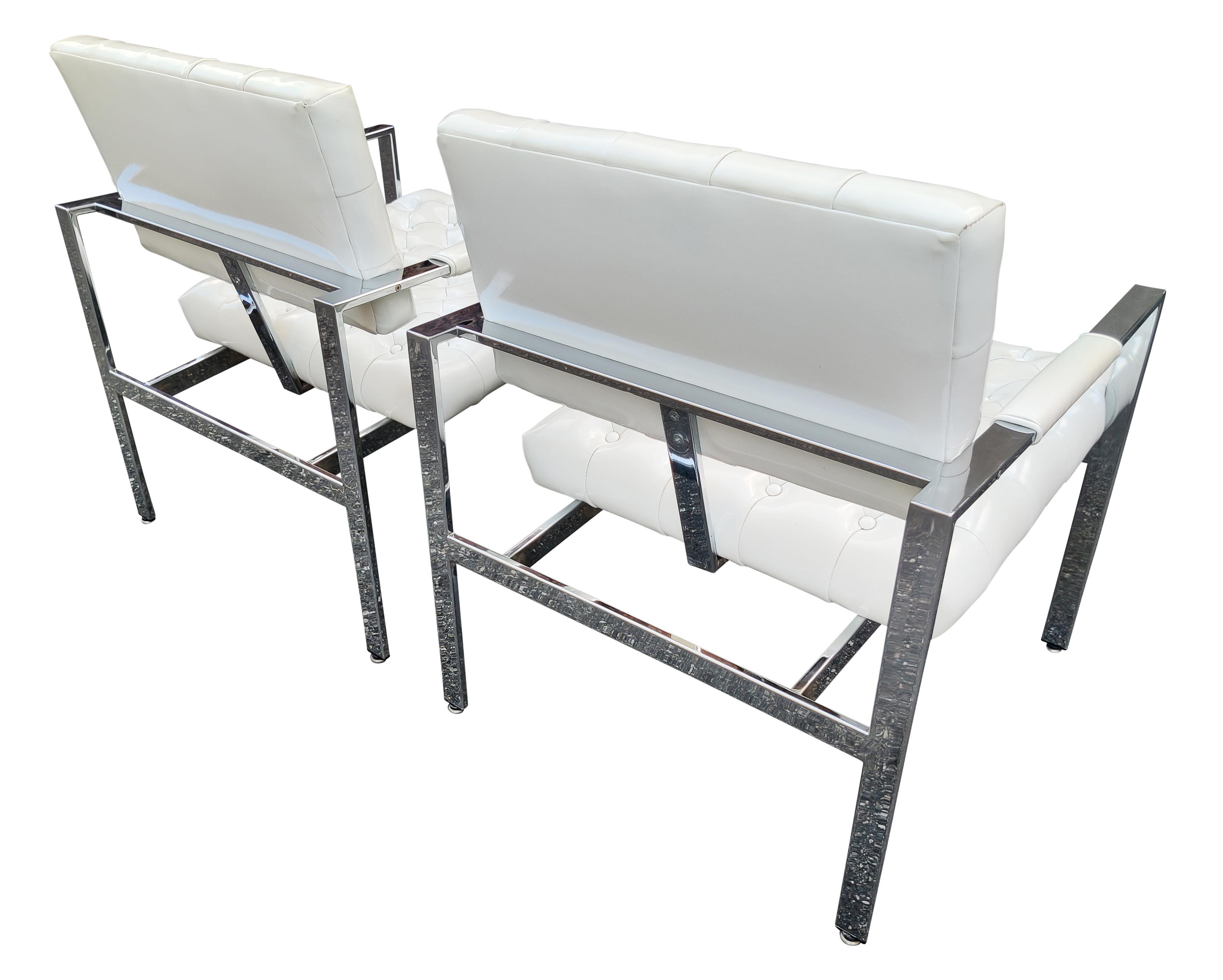 Steel Milo Baughman Thayer Coggin Pair Diamond Tufted Vinyl Chrome Frame Lounge Chairs For Sale