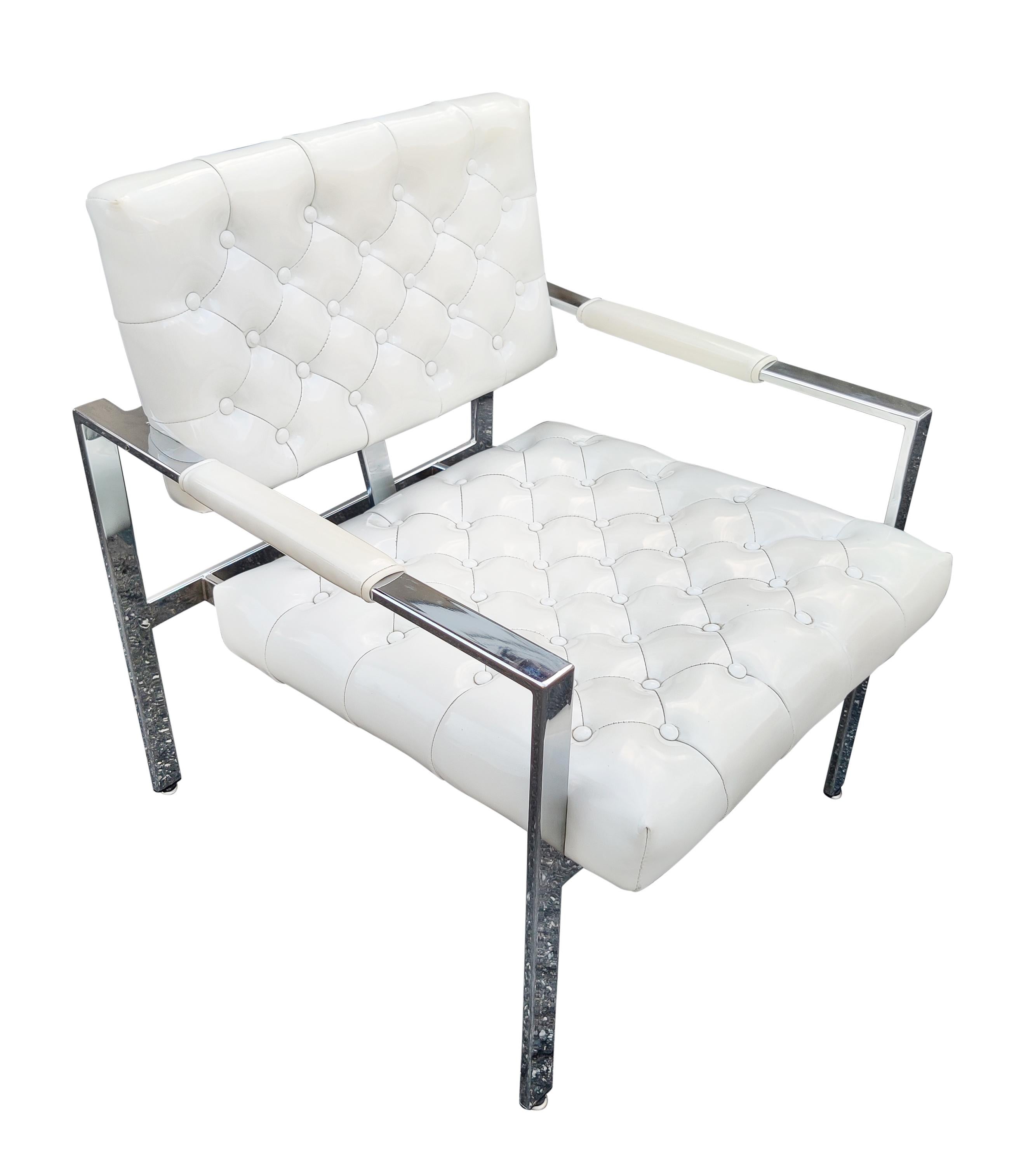 Milo Baughman Thayer Coggin Pair Diamond Tufted Vinyl Chrome Frame Lounge Chairs For Sale 1