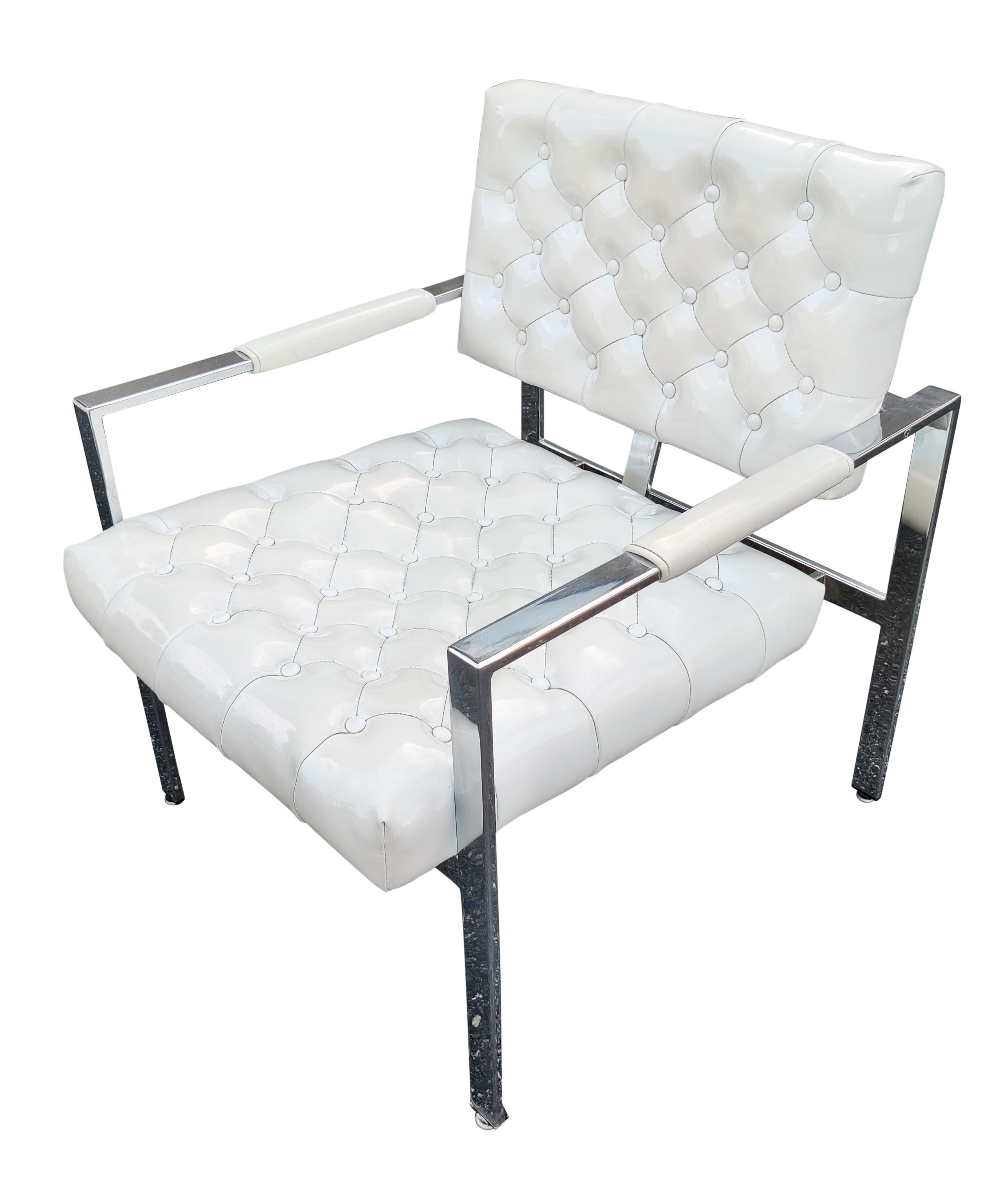 Milo Baughman Thayer Coggin Pair Diamond Tufted Vinyl Chrome Frame Lounge Chairs For Sale 2