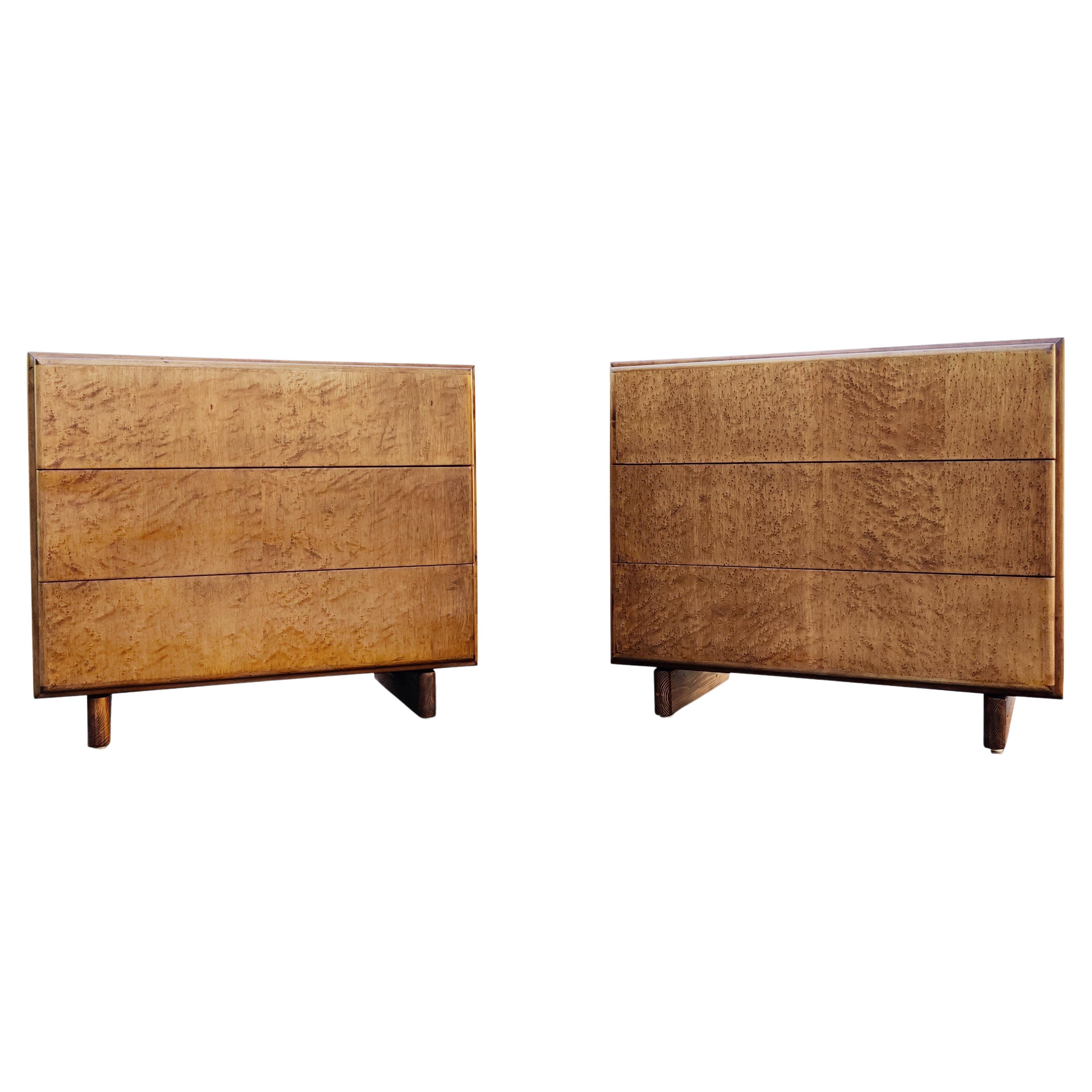 A wonderful pair of signed Milo Baughman for Thayer Coggin 3-drawer cabinets that are just the right size to either be a pair of small dressers, or a pair of large nightstands. Made in the USA in the late 70s or early 80s, the pair is constructed of