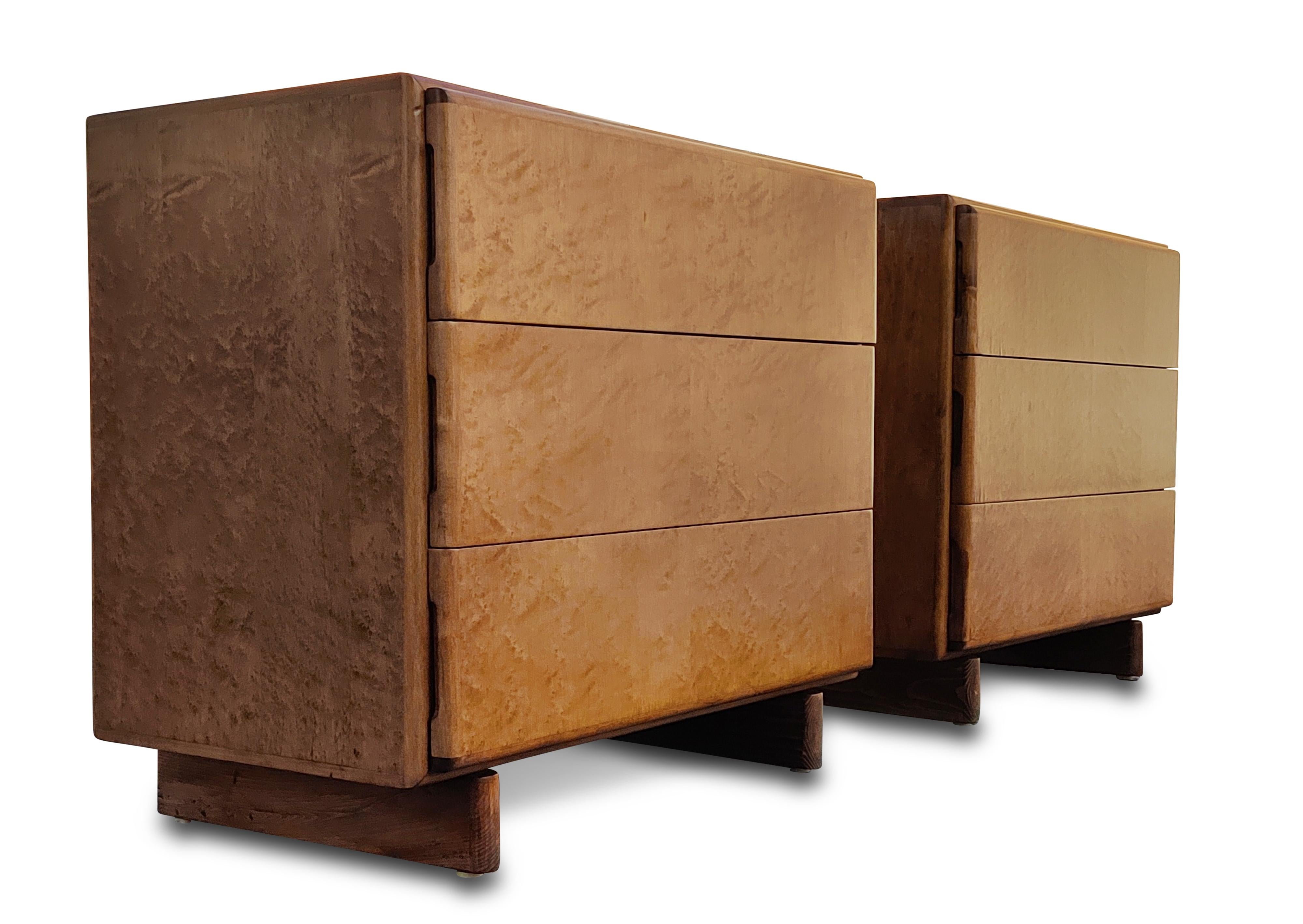 Faux Leather Milo Baughman Thayer Coggin Pair Dressers or Nightstands Birdseye Maple, 1970s