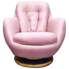 Retro Milo Baughman Thayer Coggin Pink Silk Swivel Tufted Tub Armchair Brass Base