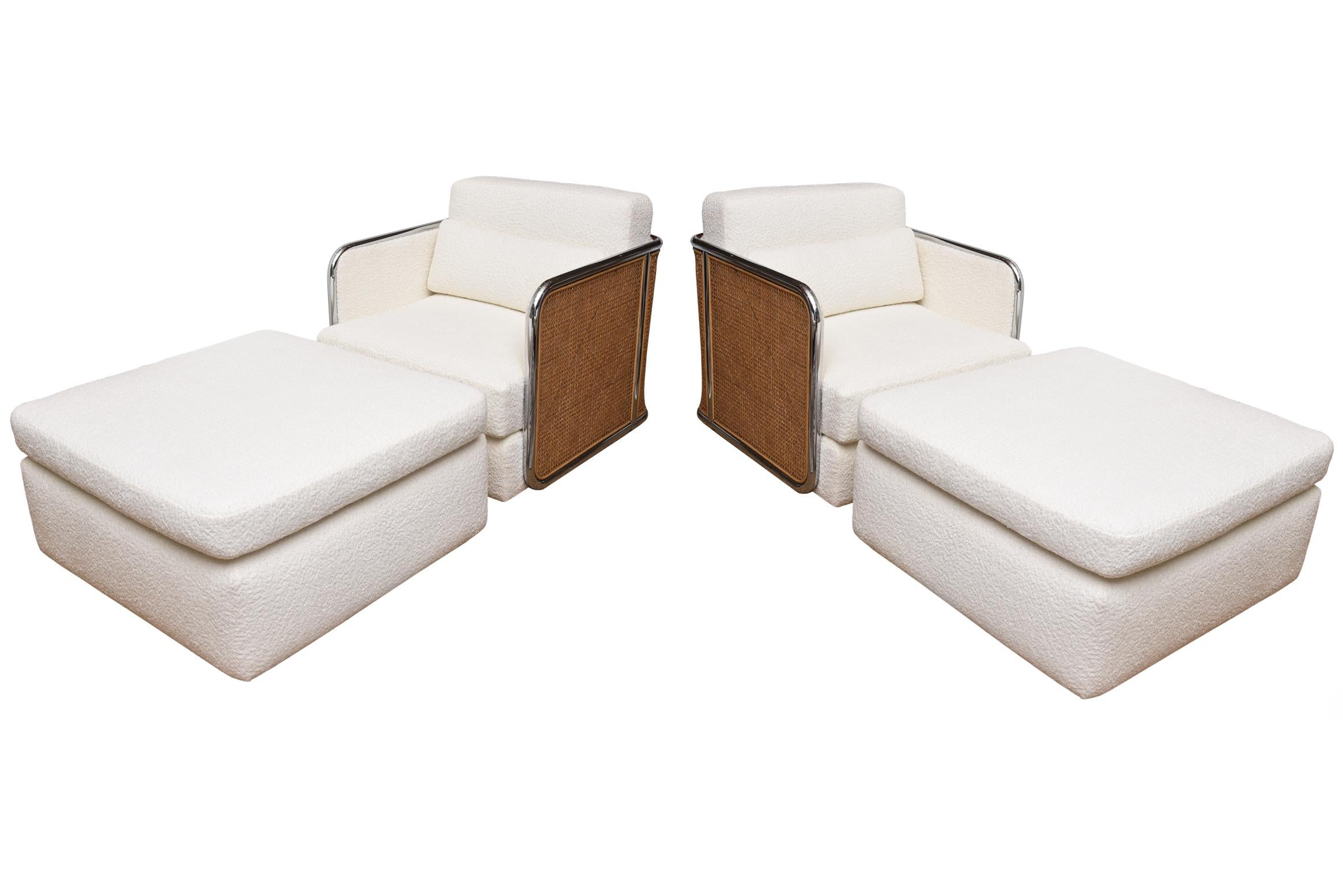 This very rare and modern fabulous set of Milo Baughman for Thayer Coggin vintage caned, chrome and upholstered lounge chairs with monumental original ottomans are from the early 70's. The catalog numbers for these are 1158 for the lounge chair and