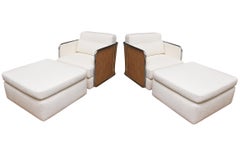 Milo Baughman Thayer Coggin Rare Caned, Chrome, Off White Boucle Chairs Ottomans