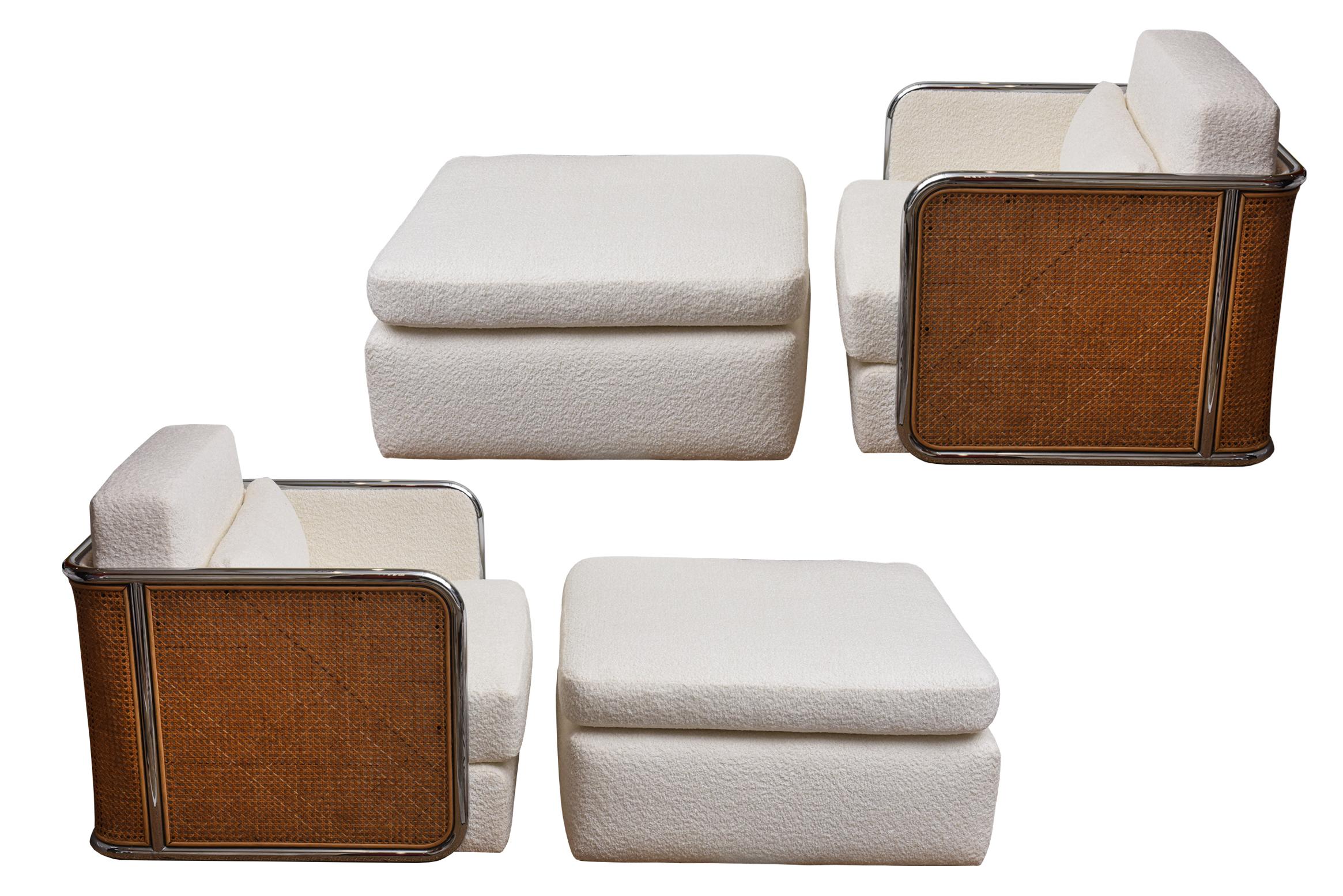 American Milo Baughman Thayer Coggin Rare Caned, Chrome, Off White Boucle Chairs Ottomans For Sale