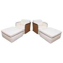 Milo Baughman Thayer Coggin Rare Caned, Chrome, Off White Boucle Chairs Ottomans