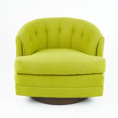 Milo Baughman Thayer Coggin Style MCM Green Barrel Back Walnut Base Swivel Chair