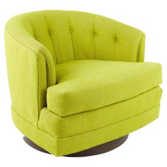 Milo Baughman Thayer Coggin Style MCM Green Barrel Back Walnut Base Swivel Chair