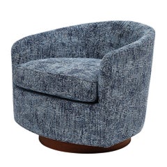 Milo Baughman Thayer Coggin Swivel Lounge Chair, Blue Woven Upholstery, Signed