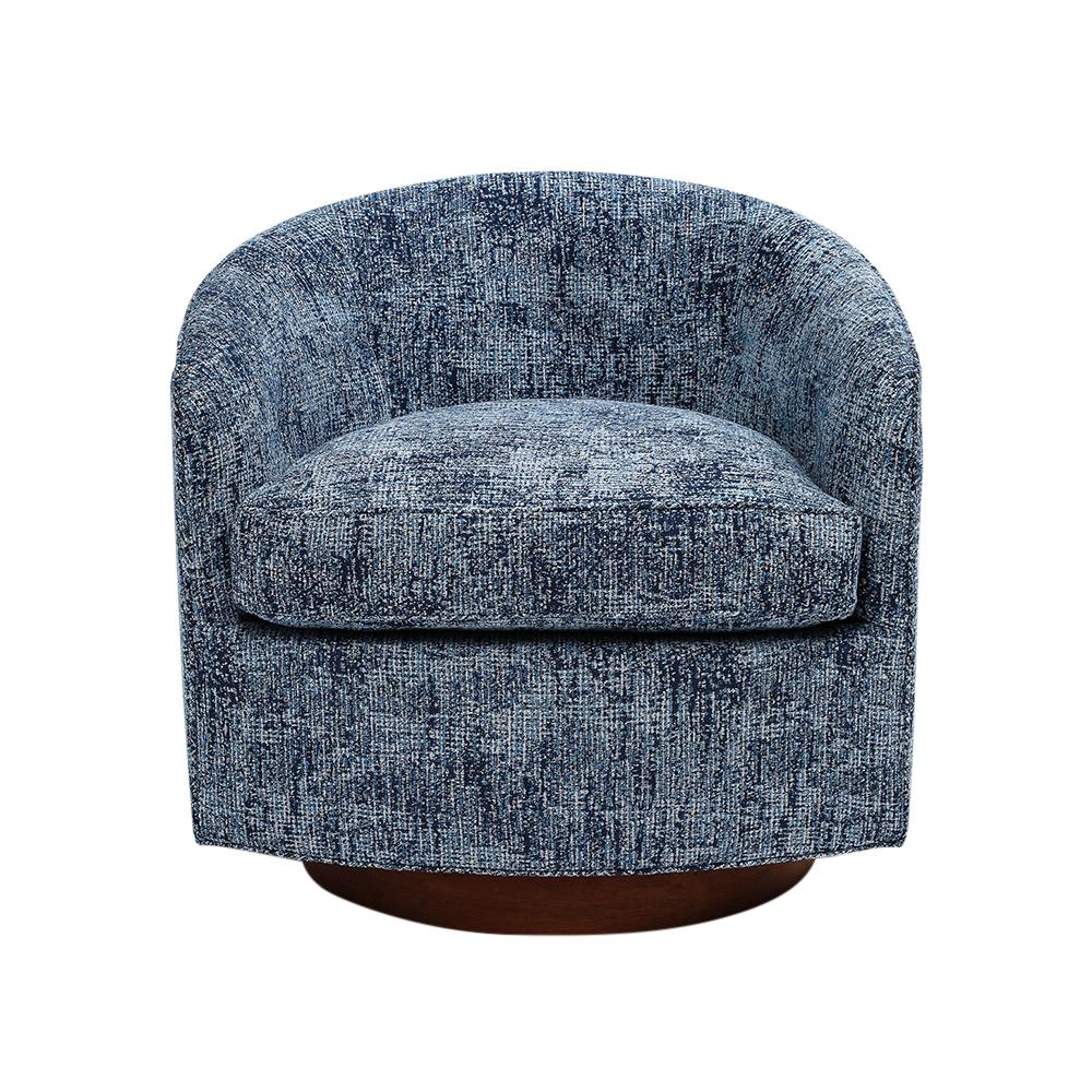 Milo Baughman Thayer Coggin Swivel Lounge Chair, Blue Woven Upholstery, Signed. Classic slipper lounge chair that tilts and swivels on a walnut veneer circular base. Retains the original Thayer Coggin tag under the seat cushion. 

