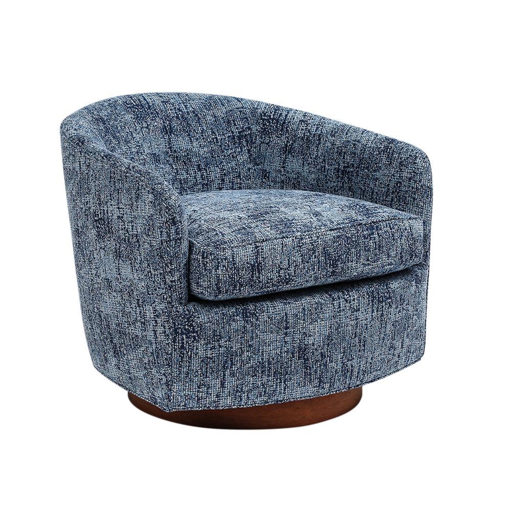 Mid-Century Modern Milo Baughman Thayer Coggin Swivel Lounge Chair, Blue Woven Upholstery, Signed For Sale