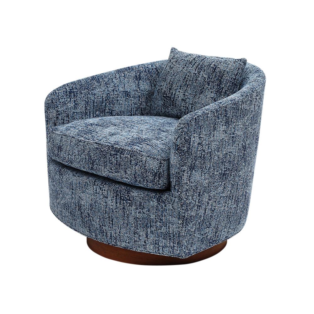 Late 20th Century Milo Baughman Thayer Coggin Swivel Lounge Chair, Blue Woven Upholstery, Signed For Sale