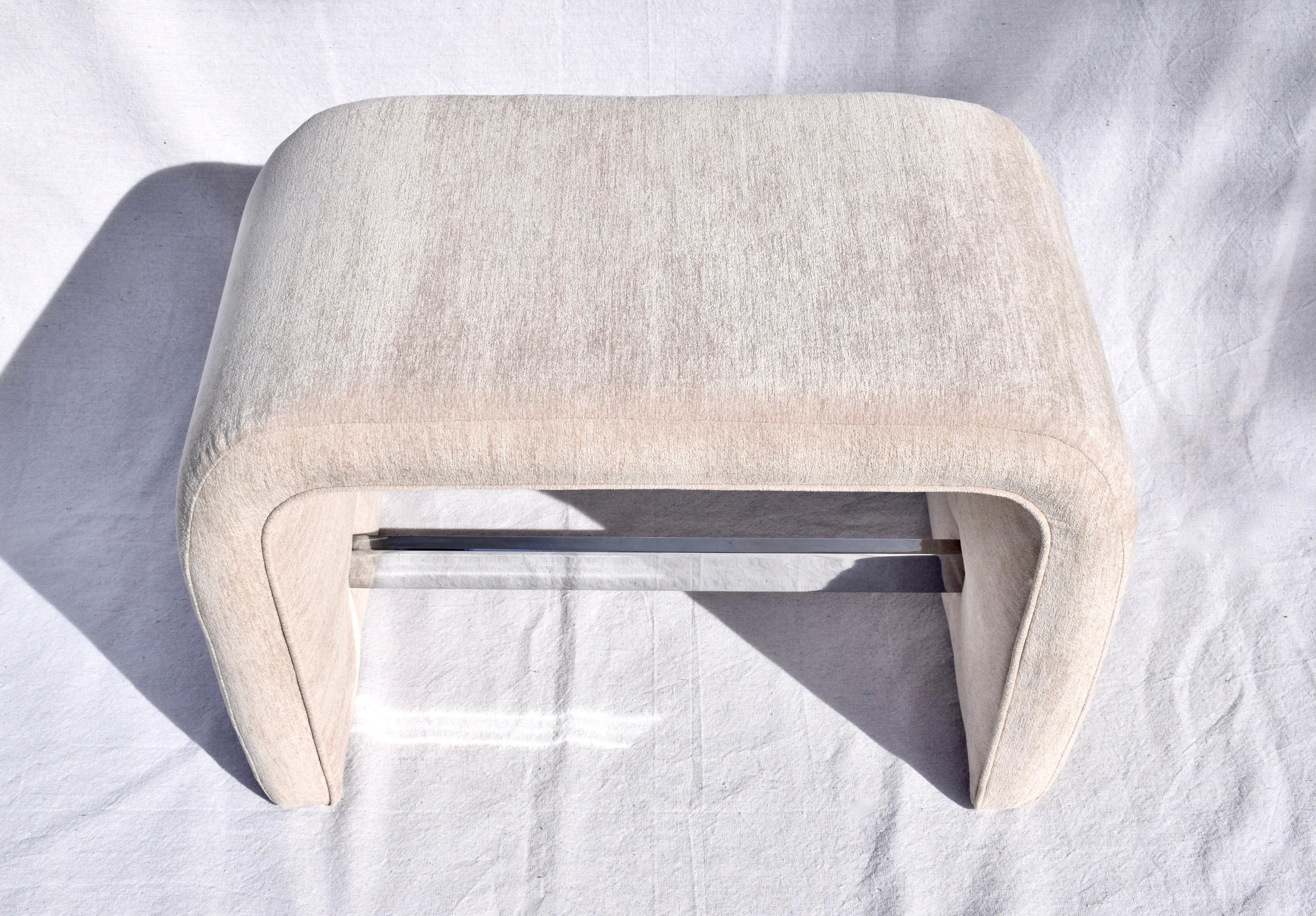 Milo Baughman waterfall ottoman bench having chrome stretcher in restored condition reupholstered in sand velvet. Beautiful condition. Ready for use!