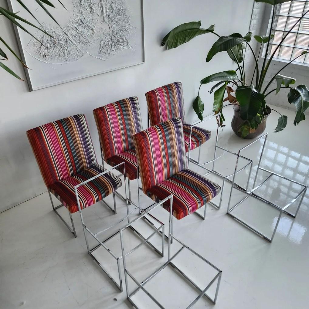 Stainless Steel Milo Baughman Thin-Frame Dining Chairs, Set of 4 Upholstered in Missoni Home For Sale