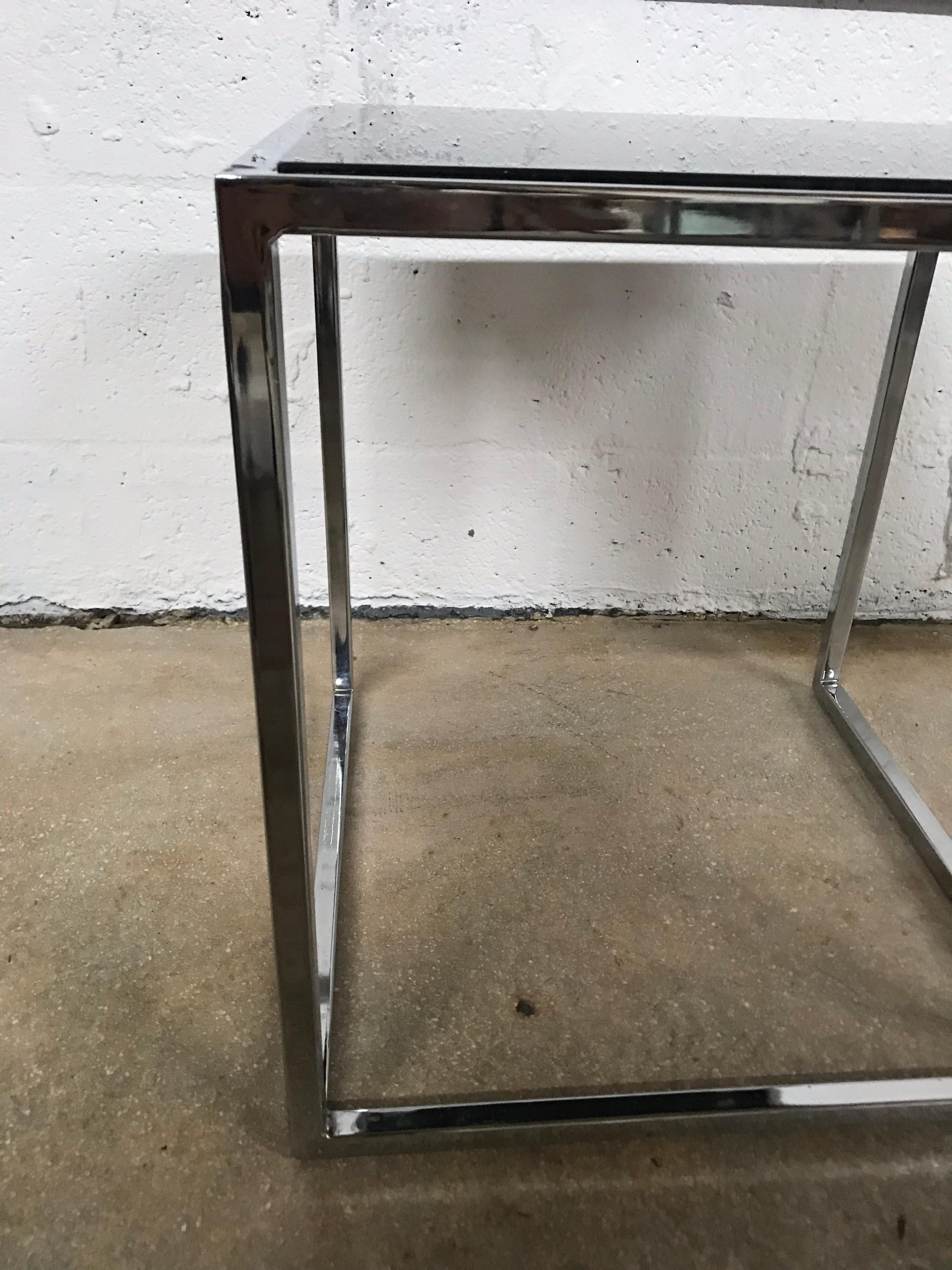 Milo Baughman Style Thin-Line Chrome and Black Glass Occasional Table 3