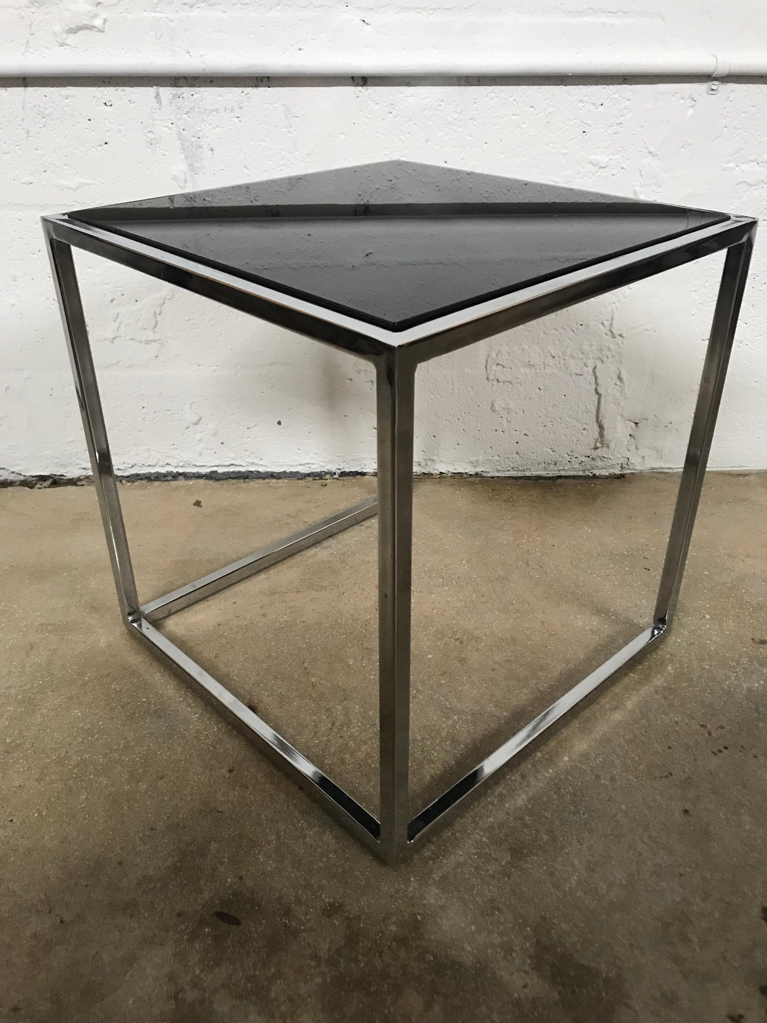 Mid-Century Modern Milo Baughman Style Thin-Line Chrome and Black Glass Occasional Table
