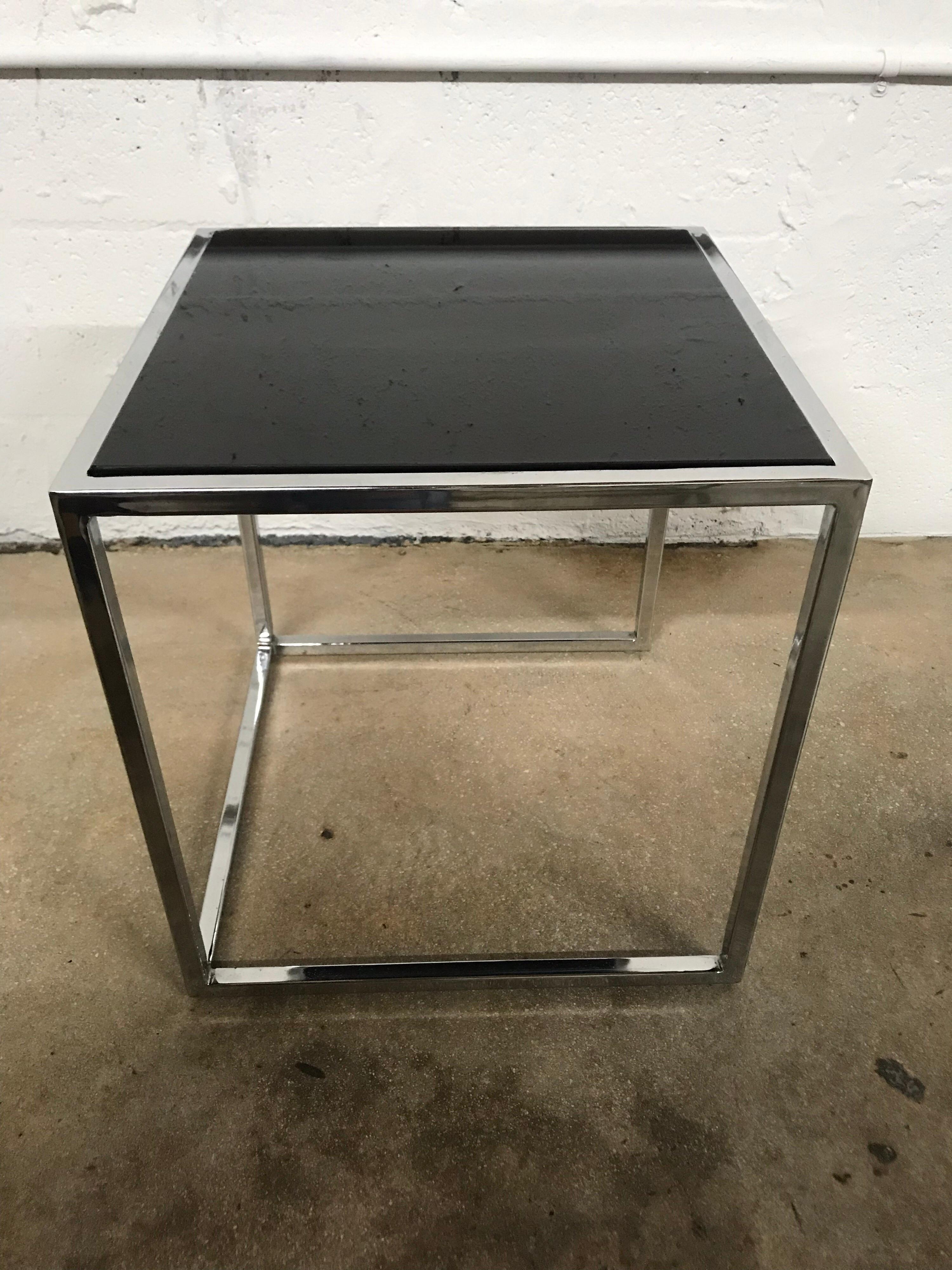 American Milo Baughman Style Thin-Line Chrome and Black Glass Occasional Table