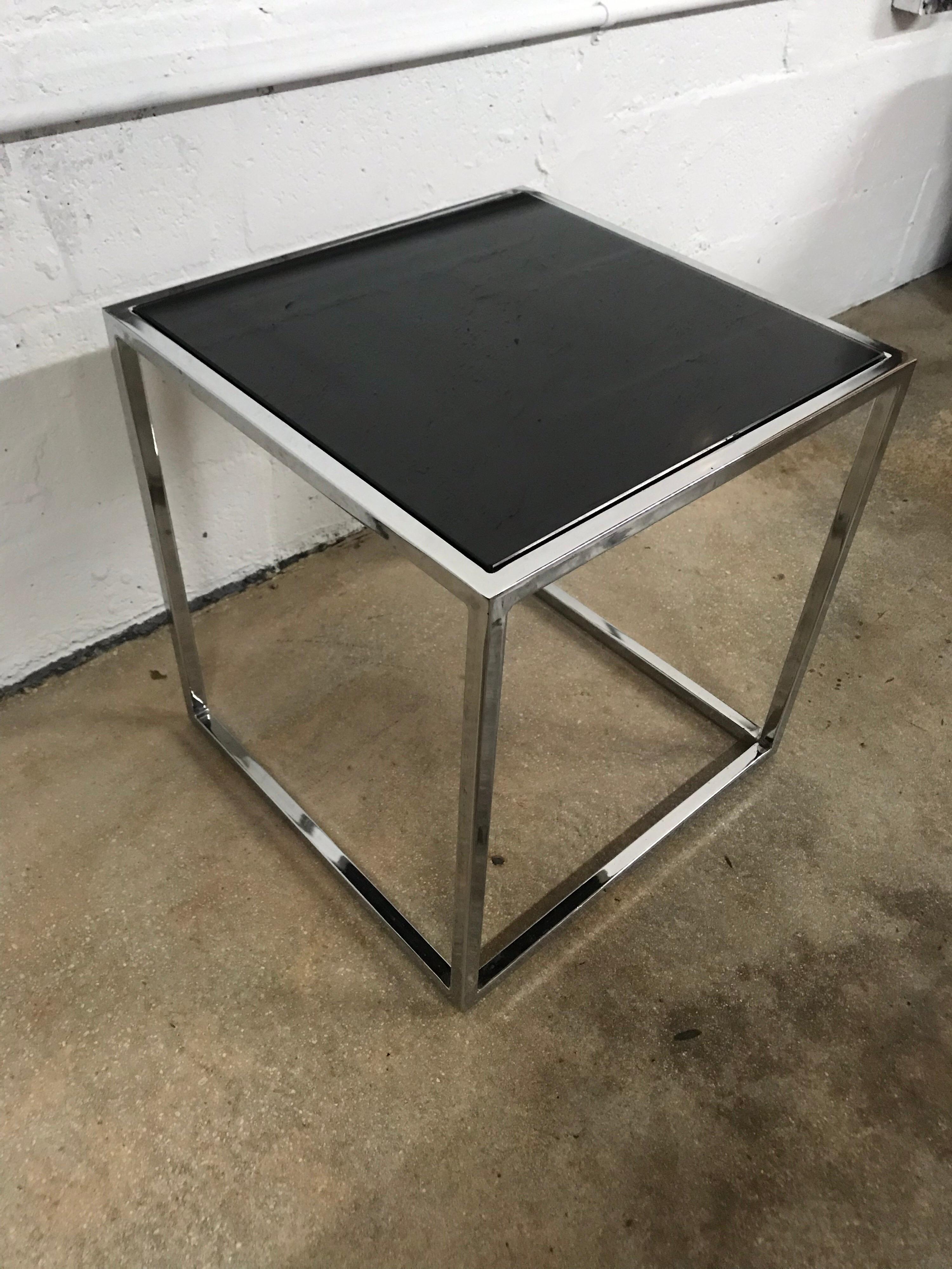 Steel Milo Baughman Style Thin-Line Chrome and Black Glass Occasional Table