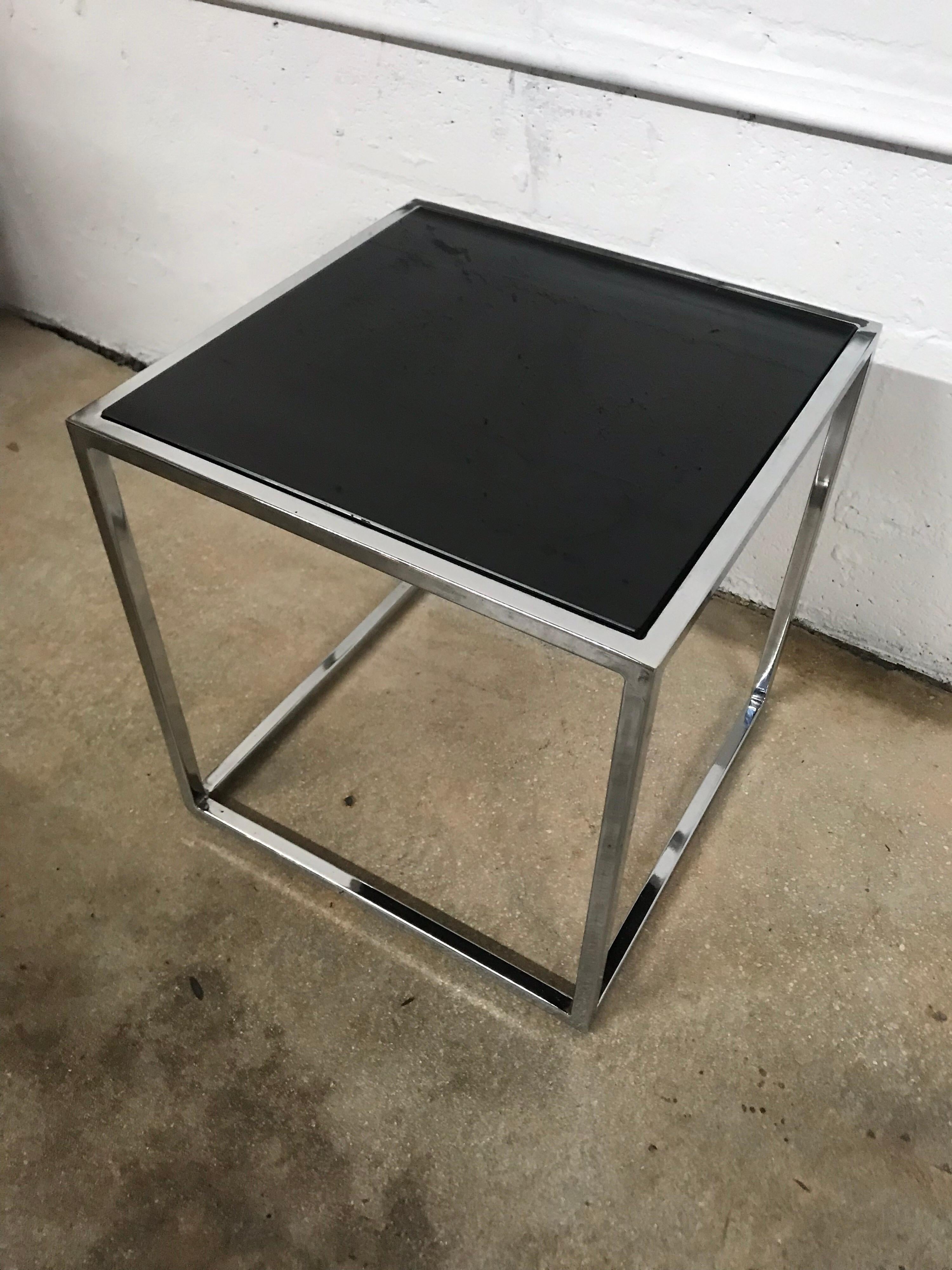 Milo Baughman Style Thin-Line Chrome and Black Glass Occasional Table 1