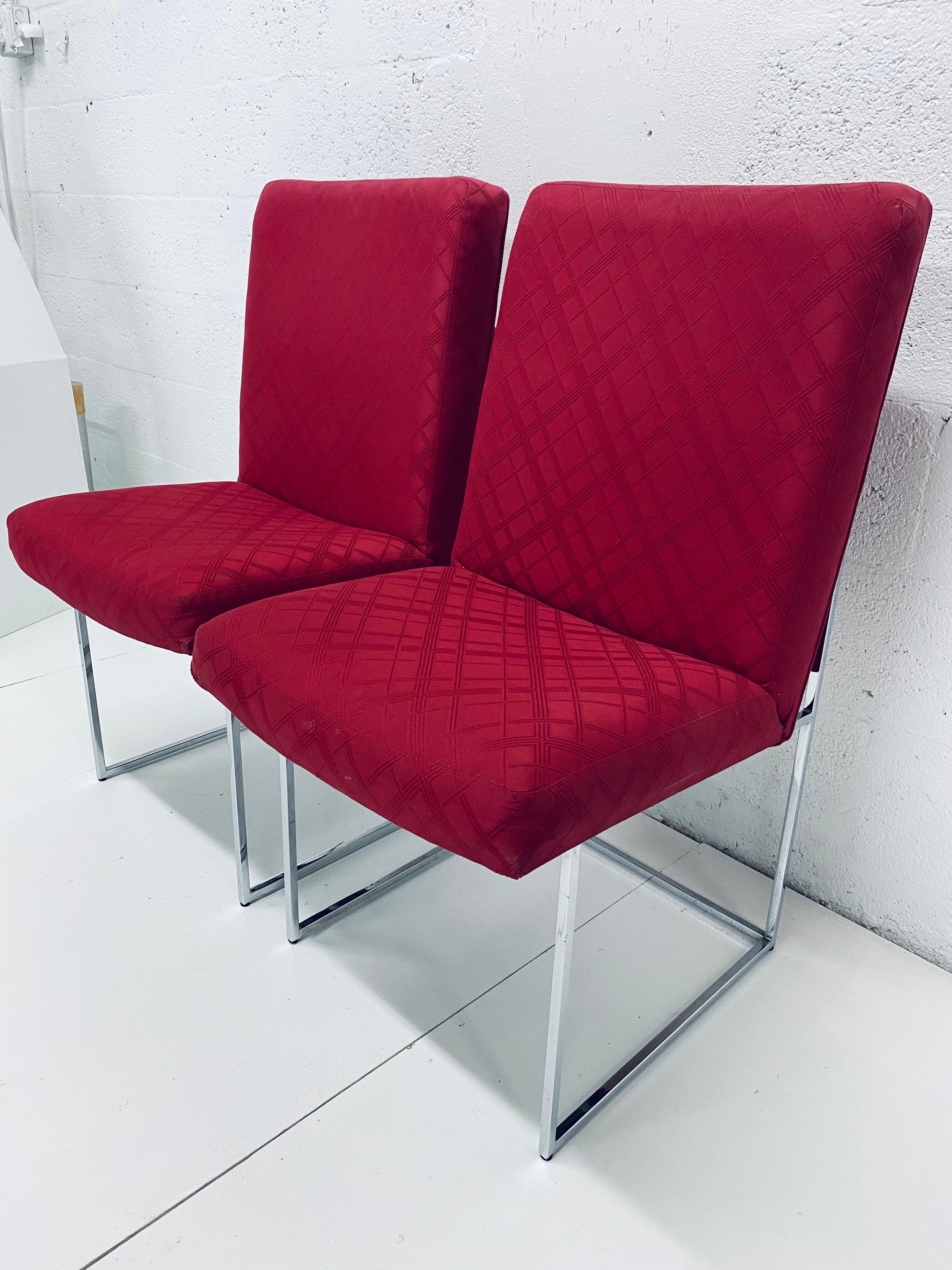 Iconic 1970s Milo Baughman for Thayer Coggin Thin-Line dining chairs with chrome bases. Fabric is original and new upholstery is recommended.